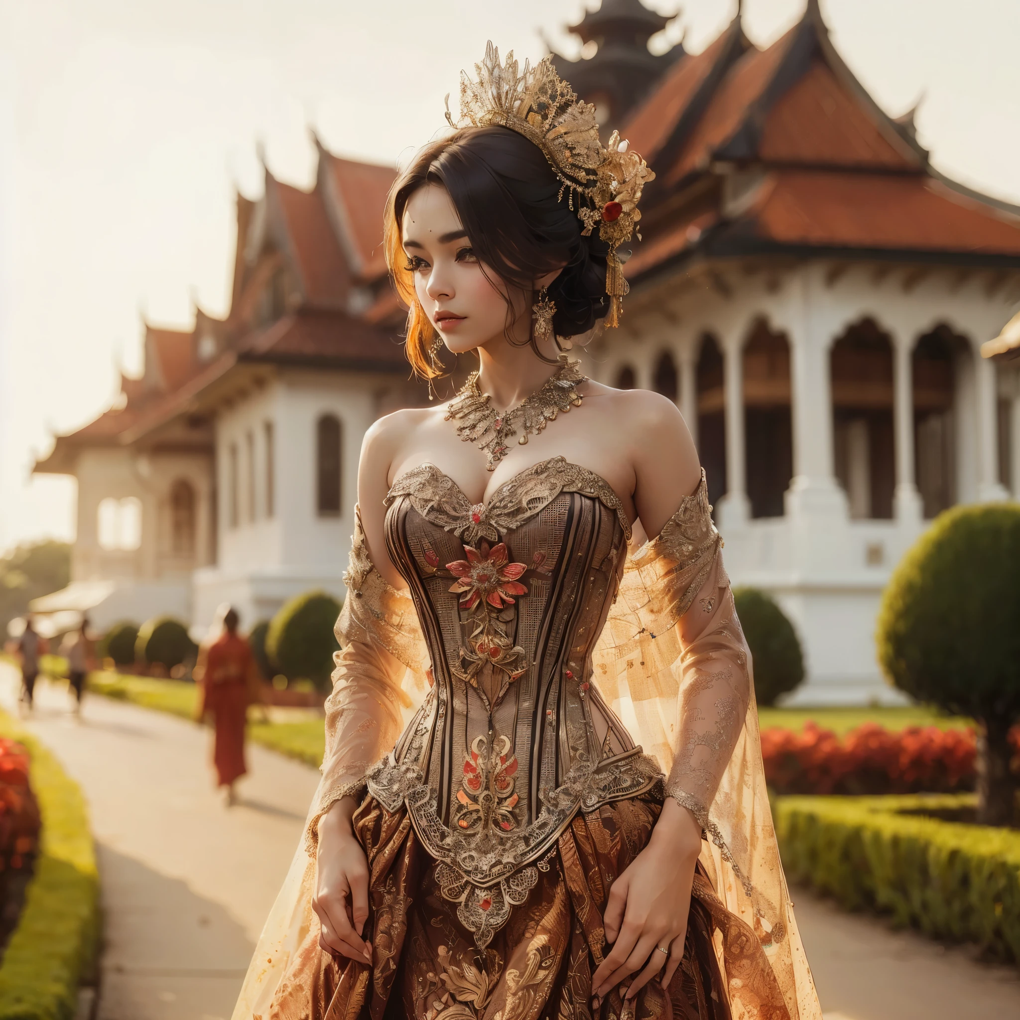 arafed woman with bustier gigantic breast in a corset and dress in front of a building, wearing an ornate outfit, ornate dress, intricate dress, elegant corset, ornate and elegant, extravagant dress, inspired by Hedi Xandt, ornate attire, intricate outfit, ornate royal gown, ornate clothing, ornate gown, intricate and elegant, intricate detailed dress, ornate , royal dress,  masterpiece, best quality:1.2),,(8k,highres,RAW photo,realistic,photo-realistic:1.3),(detailed skin texture,detailed cloth texture,beautiful detailed face:1.25),professional lighting,photon mapping,beautiful soft light,radiosity,physically-based rendering,raytracing, model shoot style, model shoot style, (extremely detailed CG unity 8k wallpaper), full shot body photo of the most beautiful artwork in the world,