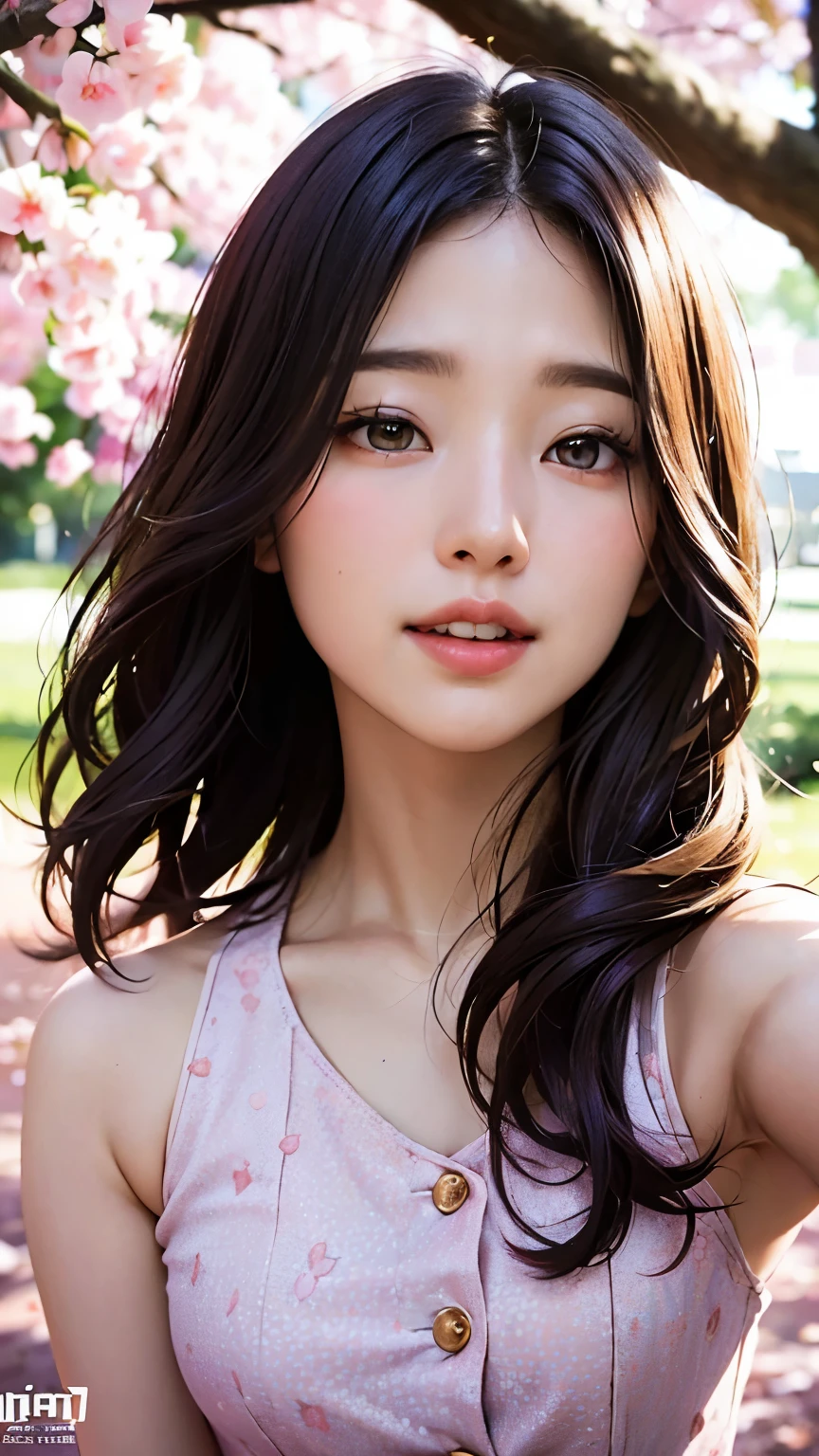 (A logo、​masterpiece、8K、masutepiece、Raw photo、Fantastic、Best Quality、フォトリアリスティックでighly detailedな CG 統合 8k 壁紙、hightquality、ighly detailed、epic poem、Particle effect、Dynamic effects、depth of fields、Cinematic Light、Lens Flare、Ray tracing)、Fantasia、 (Beauty 1 person、doress、Dress、Cherry blossom pattern、A dark-haired、Beautiful face、Real Face、beautiful details eyes beautiful skin)、髪がthe windで踊る、Hair flutters in the wind、Hair jumps、Pink cherry blossom tree、Petals flutter、Sakura blizzard、Superb view、morning glow、Sun in the background、the wind、
