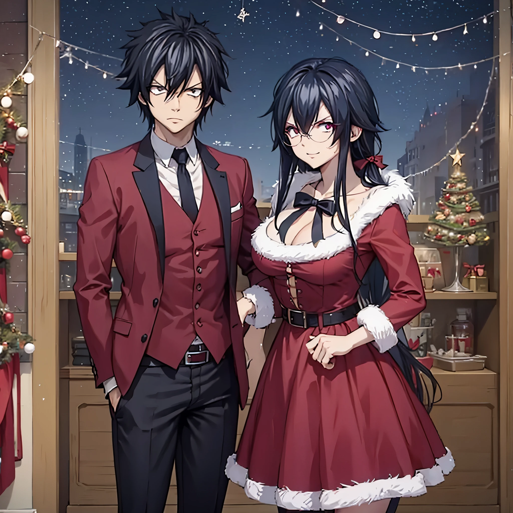 gray fullbuster along with a woman (eye red) in Christmas clothes in the Christmas scene.