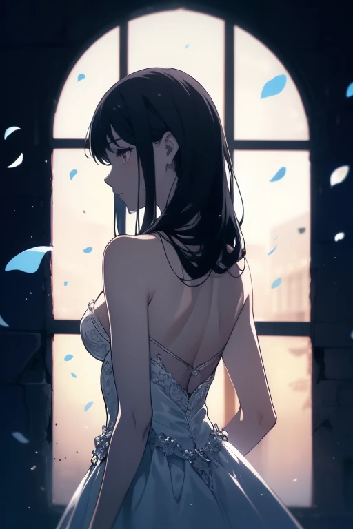 ((((Obra maestra, La mejor calidad, ultrahigh resolution)))), 1girl, standing, ((wearing a white flowing wedding dress)), (long black hair in view, long hair:0.9, in frame), pale skin, ((brown eyes)), (glowing_eyes, luminescent eyes), (ultra detailed eyes:0.7, beautiful and detailed face, detailed eyes:0.9), ((centered)), ((wide shot)), (((surrounded by darkness, LSD flowers:1, morning glory, beautiful lighting))), flat chested, looking at viewer, facing viewer, ((perfect hands)), ((head:1, hips, elbows, arms, in view)), ((hands behind back)), defined subject, (18 years old), ((cool looking))
