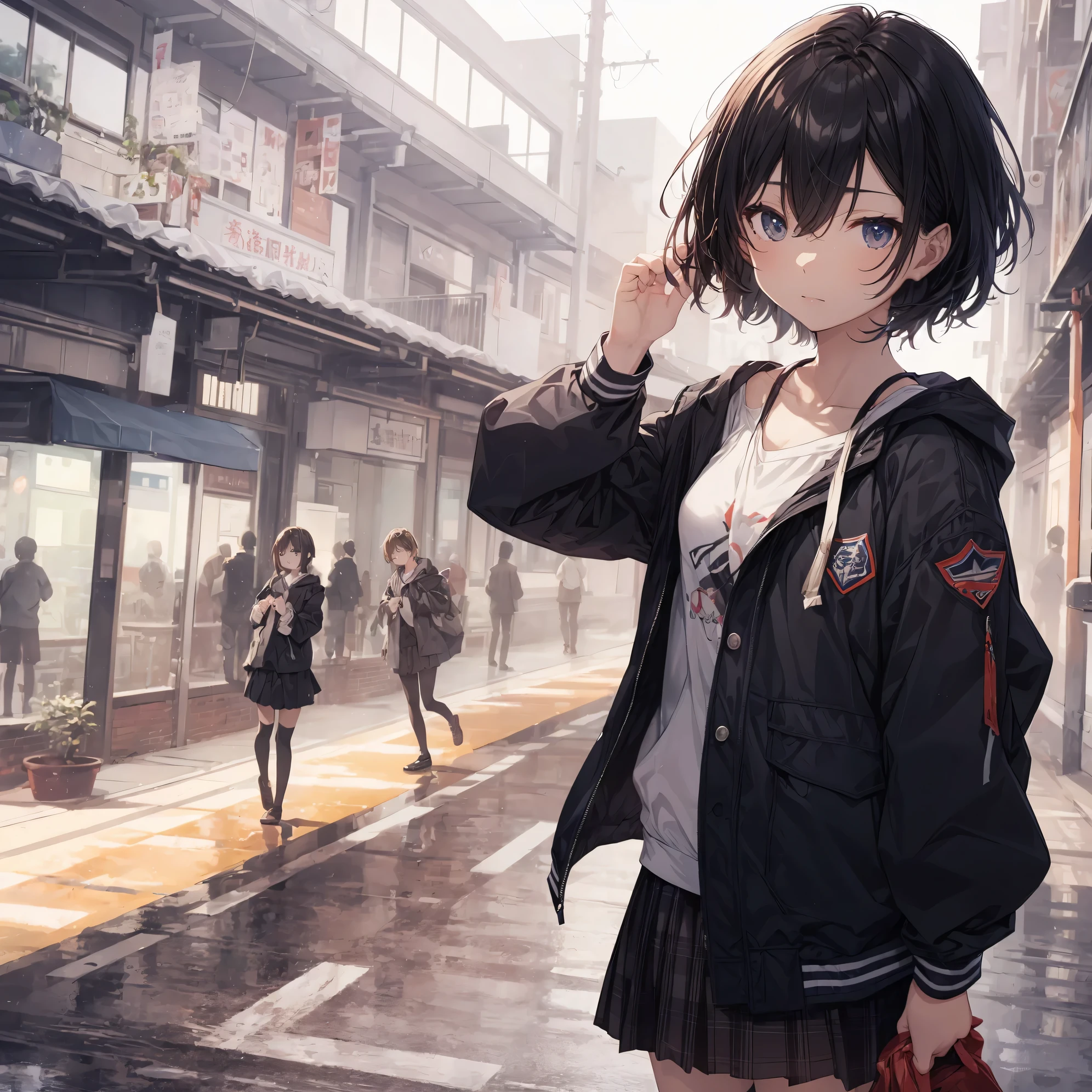 Super high quality by the art god, Ultra-detailed, High resolution, Shinkai Makoto style, anime moe art style, best anime 8K konachan wallpaper, Pixiv Contest Winner, Perfect Anatomy, BREAK,(Please draw a sleepy girl going to school alone.. ),BREAK, a hyperrealistic schoolgirl, (Solo,Lori,child,13years:1.3),Full limbs, complete fingers,a junior high school student, Androgynous attraction, (Very short hair), hair messy, flat chest, Small butt, groin, Small eyes,Beautiful detailed black eyes, Well-proportioned iris and pupils, disgusted eye, High resolution detailed hair, School uniform, Skirt, On the way to school. BREAK,Ultra-detailed細なスキン, Best lighting by famous artists, 8K,Cute illustration,
