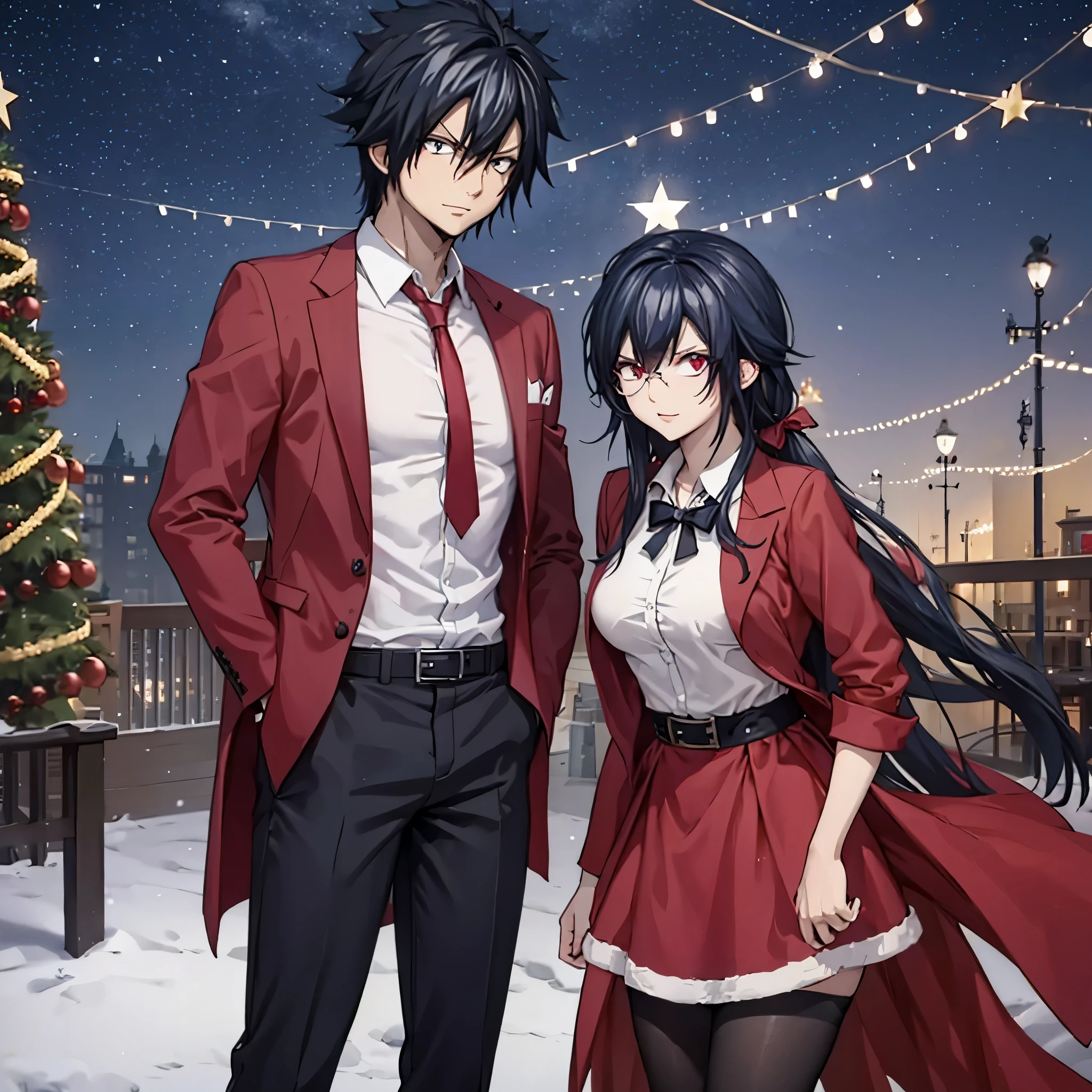 gray fullbuster along with a woman (eye red) in Christmas clothes in the Christmas scene.