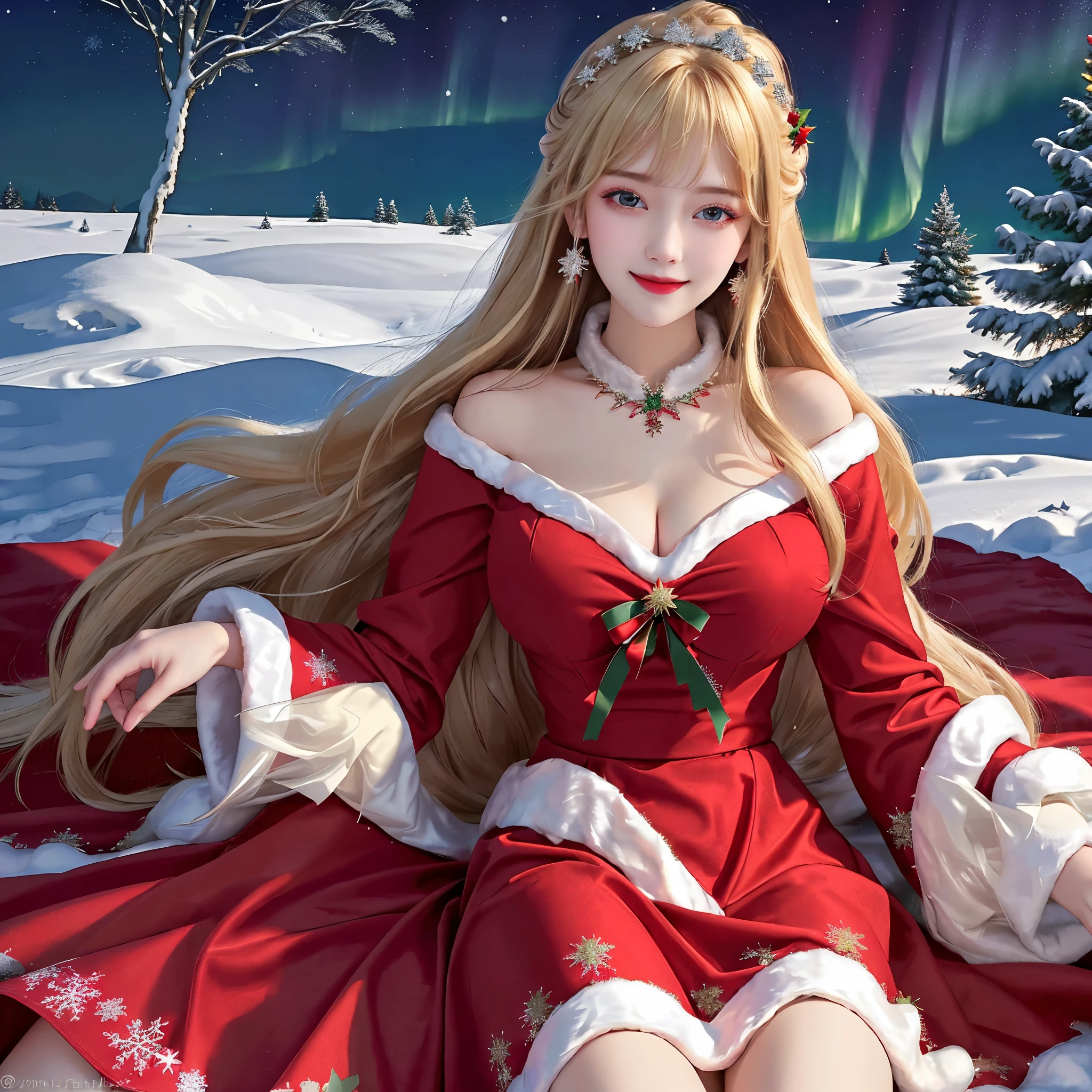 ( Absurdly , High quality , ultra detailed ) ,( hand detailed ), 1 girl (solo), beautiful face, long blonde hair, (detailed hair), (dark red eyes), (bangs), (big breasts), (christmas dress), (red dress), (falling snow), Christmas background, pine tree, smile, Christmas gift box, night, (Aurora), Snowflakes,