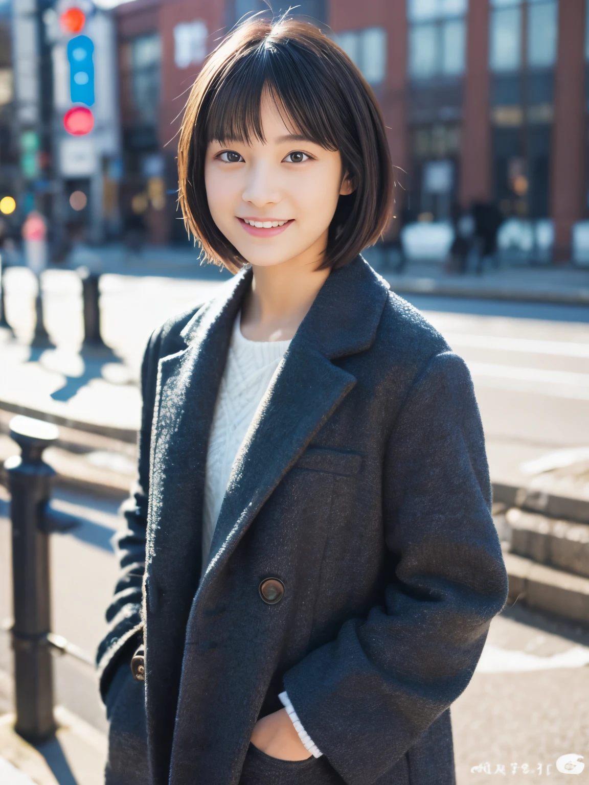 Photorealsitic, 8K, Full body portrait, Beautuful Women, A charming expression, Shorthair, , TOKYOcty, Winters, Shibuya in the background