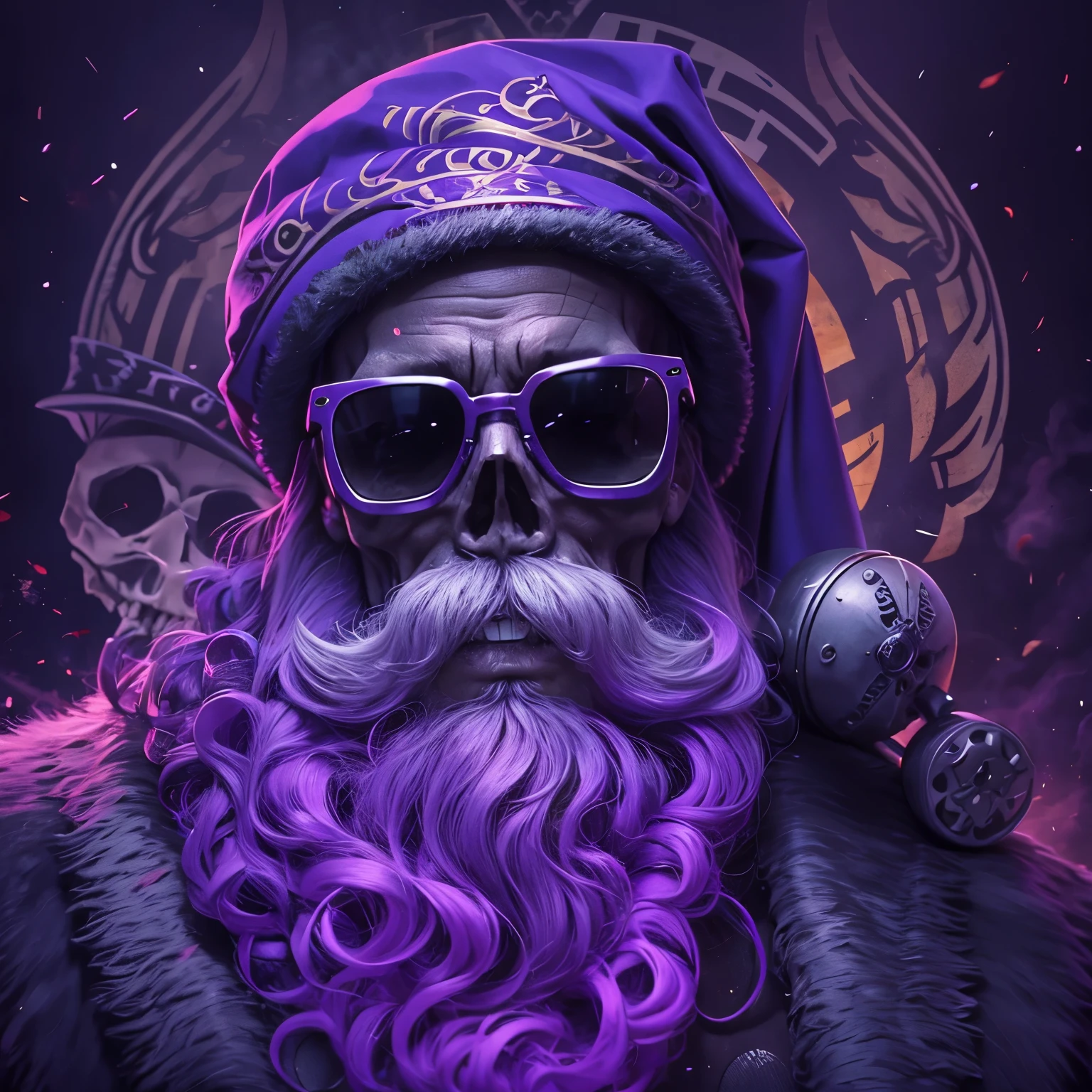 arafed image of a santa claus, skull, with sunglasses and a purple banner, actual photo, 🇺🇦, 🚿🗝📝, real atmosphere, real photo, 🐝👗👾, stu_dts, the best ever, purple magic, real ungine, crazy atmosphere, inspired by Sava Šumanović, purple glow, leon tukker, hannover