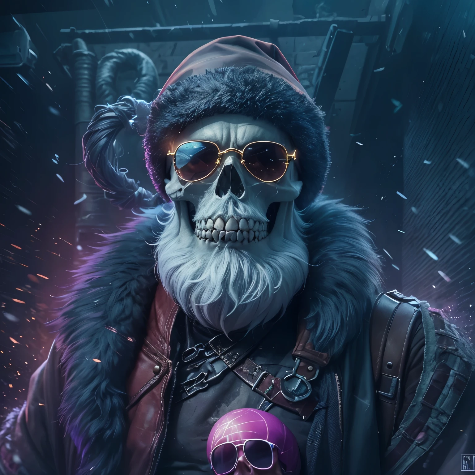 arafed image of a santa claus, skull, with sunglasses and a purple banner, actual photo, ๐บ๐ฆ, ๐ฟ๐๐, real atmosphere, real photo, ๐๐๐พ, stu_dts, the best ever, purple magic, real ungine, crazy atmosphere, inspired by Sava ล umanoviฤ, purple glow, leon tukker, hannover
