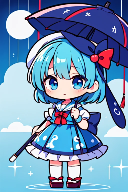 Anime character in a blue dress with a sailor hat and an umbrella, Chibi, touhou character, iwakura lain, kawaii rainy gloomy, Lori, mitsumayo, from touhou, safebooru anime image, In anime style, Kantai Collection Style, In an anime style, beatrice blue, anime Chibi, anime moe art style, 2 d anime style