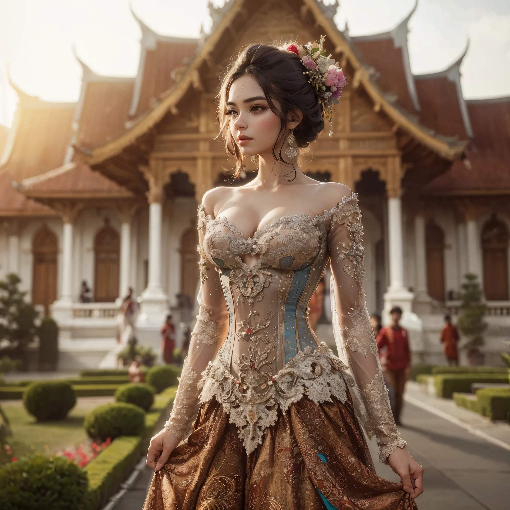 arafed woman with bustier gigantic breast in a corset and dress in front of a building, wearing an ornate outfit, ornate dress, intricate dress, elegant corset, ornate and elegant, extravagant dress, inspired by Hedi Xandt, ornate attire, intricate outfit, ornate royal gown, ornate clothing, ornate gown, intricate and elegant, intricate detailed dress, ornate , royal dress,  masterpiece, best quality:1.2),,(8k,highres,RAW photo,realistic,photo-realistic:1.3),(detailed skin texture,detailed cloth texture,beautiful detailed face:1.25),professional lighting,photon mapping,beautiful soft light,radiosity,physically-based rendering,raytracing, model shoot style, model shoot style, (extremely detailed CG unity 8k wallpaper), full shot body photo of the most beautiful artwork in the world,