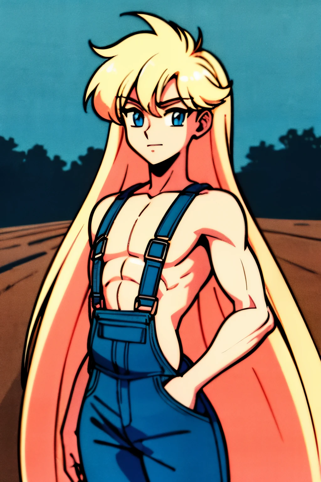 (((1 femboy))), Alone, ((very Long blonde hair)), ((completely flat chest)), (a muscular body), looking at viewer, ssmile, through bangs, exposed bare shoulders, turquoise blue eyes, 鎖骨, wide hips, thick thighs, blonde colored hair, Shiny, cropped shoulders,curlies, ((naked overalls)), ((on a farm)) retro artstyle, 90s of the 20th century (Stylized), 80s of the 20th century (Stylized)