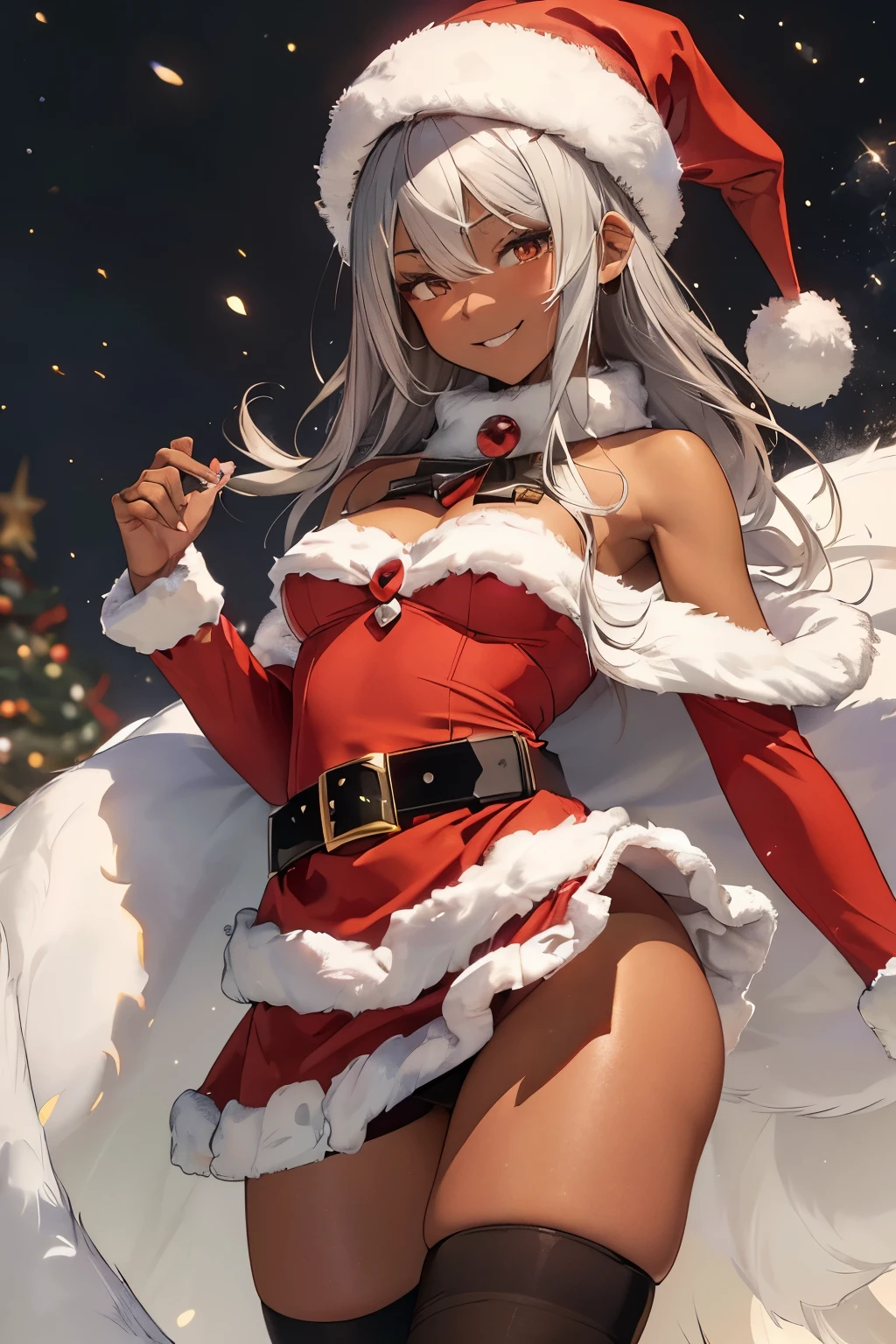 (masterpiece:1.2), (best quality:1.1), ultra-detailed illustration,(fur:1.2),(santa hat:1.2),straggling hair,(red over knee socks:1.2),(Santa Claus motif:1.2),(turime),cowboy shot,GORGEOUS,(twist waist),(thick belt:1.1),(silver hair),brown eyes,(high-slit skirt:1.2),(evil smile),(small breasts),bare shoulders,(dark skin),(fur skirt)