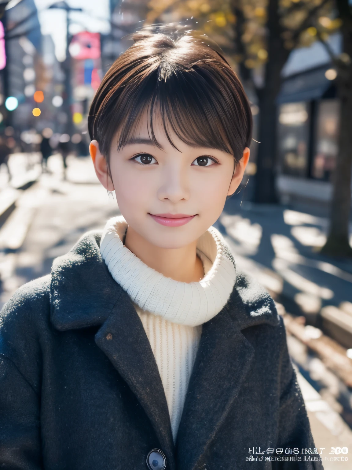 Photorealsitic, 8K, Full body portrait, Beautuful Women, A charming expression, Shorthair, , TOKYOcty, Winters, Shibuya in the background