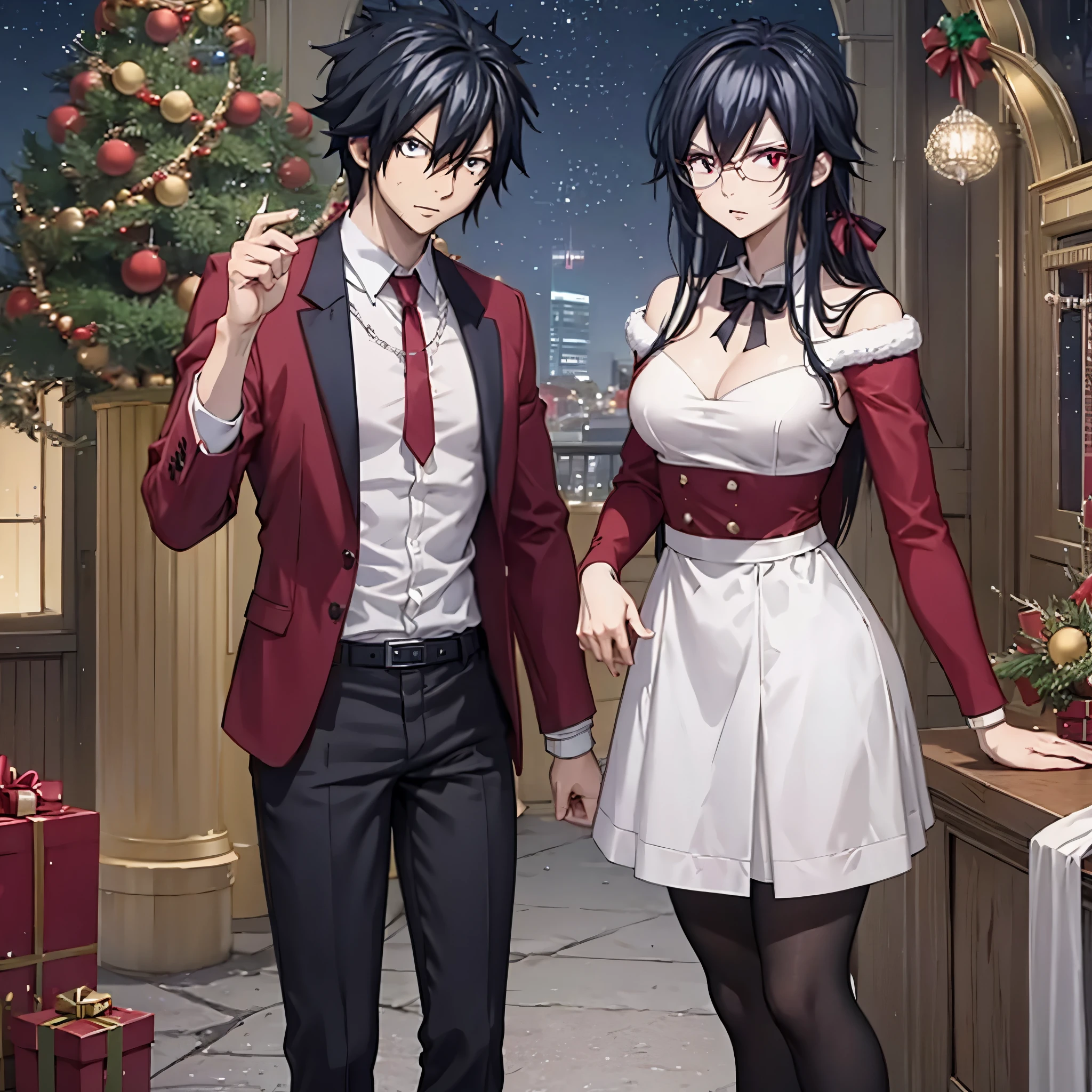 gray fullbuster along with a woman (eye red) in Christmas clothes in the Christmas scene.