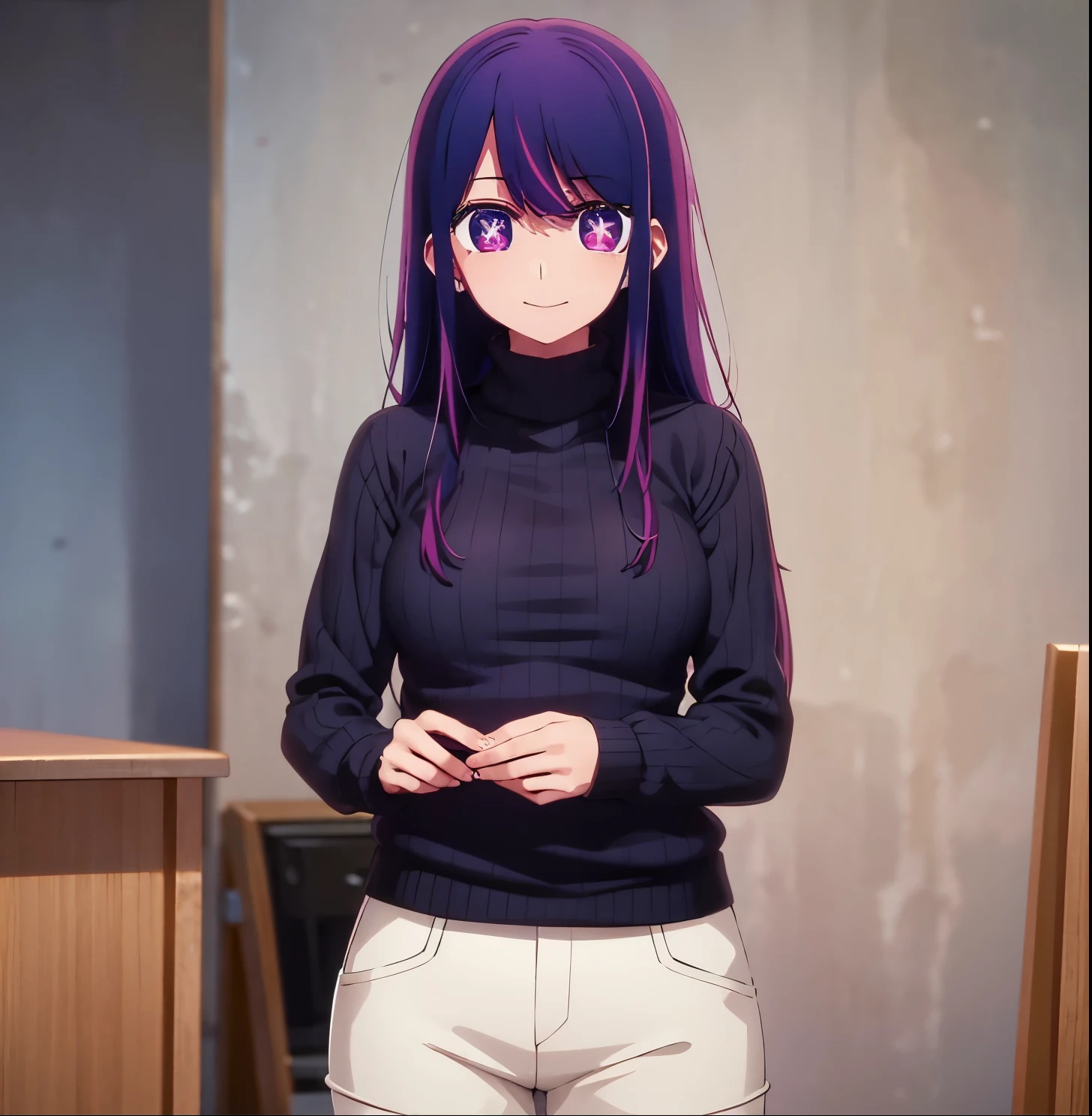 aihoshino,
ai hoshino, long hair, bangs, (purple eyes:1.1), purple hair, (symbol-shaped pupils:1.5), smile,
BREAK long sleeves, sweater, ribbed sweater, camisole, white camisole,
BREAK indoors,
BREAK looking at viewer, (cowboy shot:1.5),
BREAK (masterpiece:1.2), best quality, high resolution, unity 8k wallpaper, (illustration:0.8), (beautiful detailed eyes:1.6), extremely detailed face, perfect lighting, extremely detailed CG, (perfect hands, perfect anatomy),