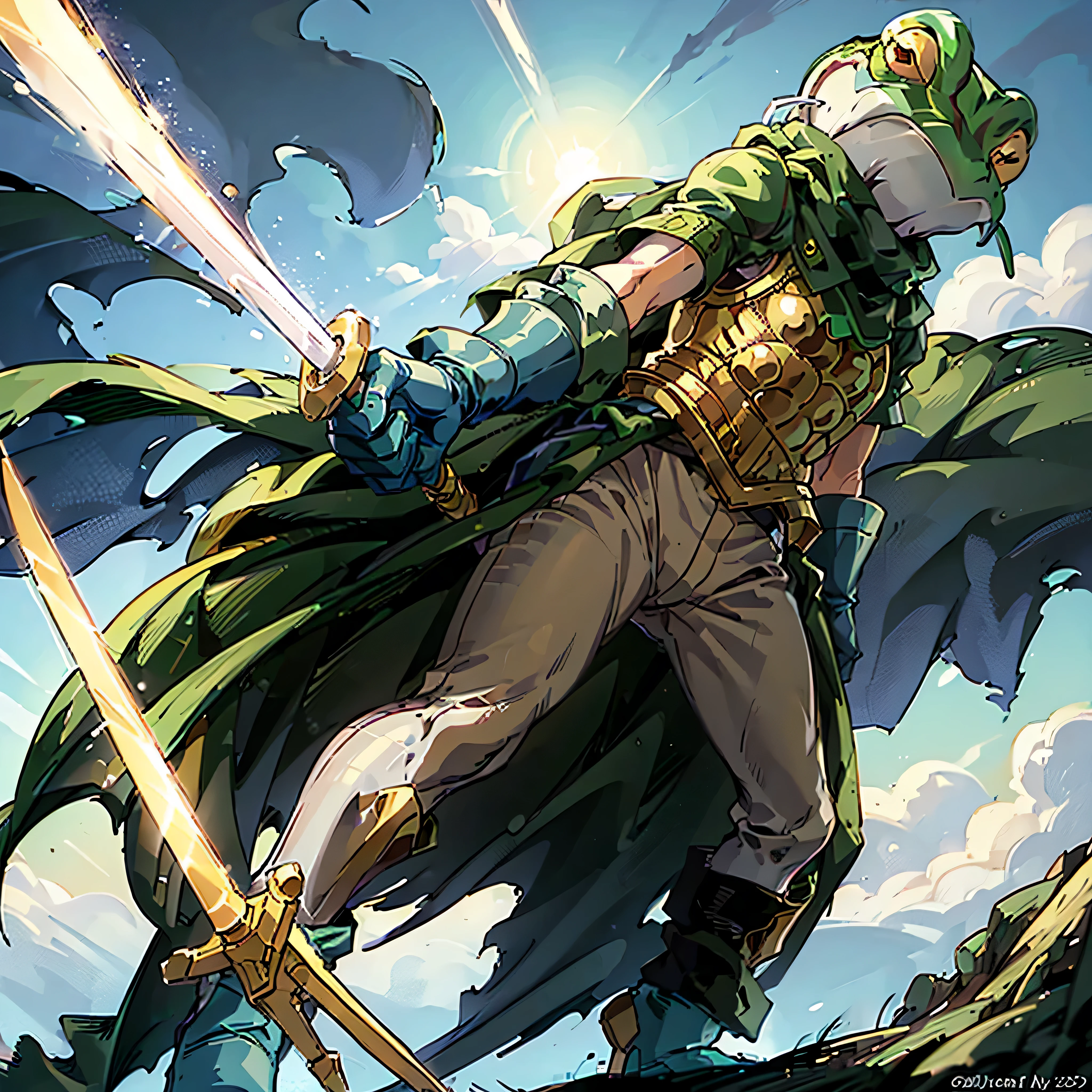 ((Frog_CT)), ((frog)), gold breastplate, holding sword and shield, glove, white pants, green cape, looking upon a forest from atop a cliff, cape blown by the wind, blue sky