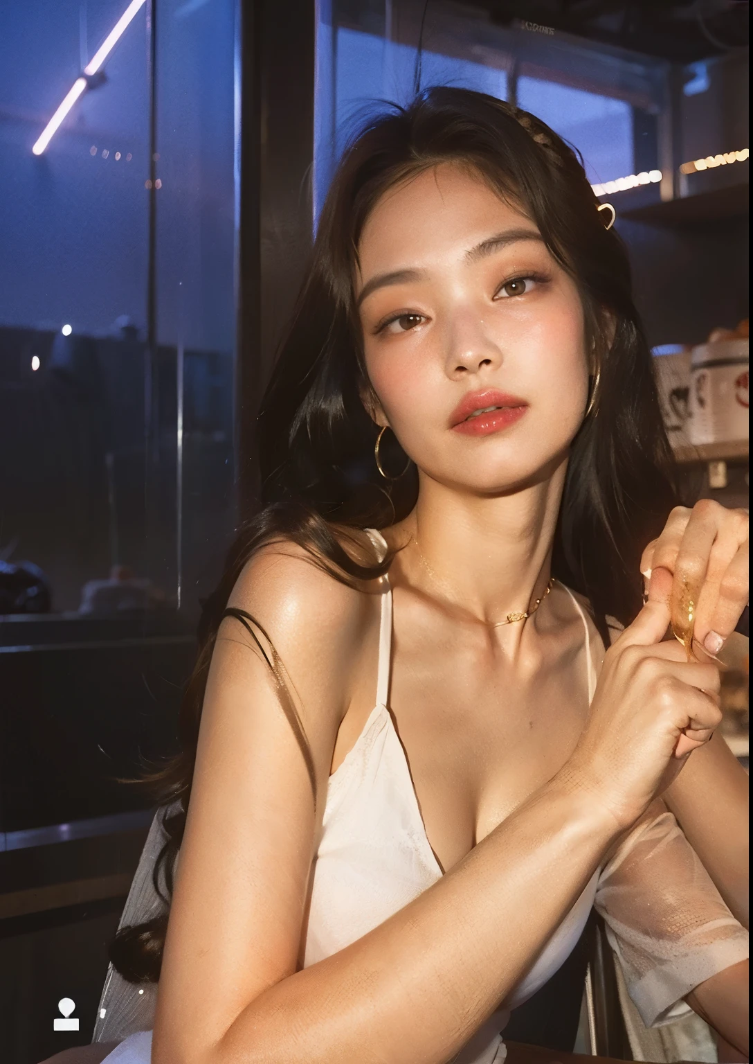 ((1girl)), in naked, instant camera flash, makeup with glossy lip, small breasts, (naked), various angle, ((face focus)), 26 years old, Beautiful Japanese Girl, (nsfw:1.4), realistic light, realistic skin tone, (in the bar:1.4)