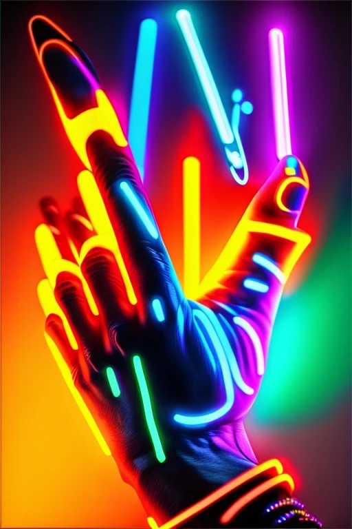 Young club DJ with colorful neon lights coming out of his fingers - hands only