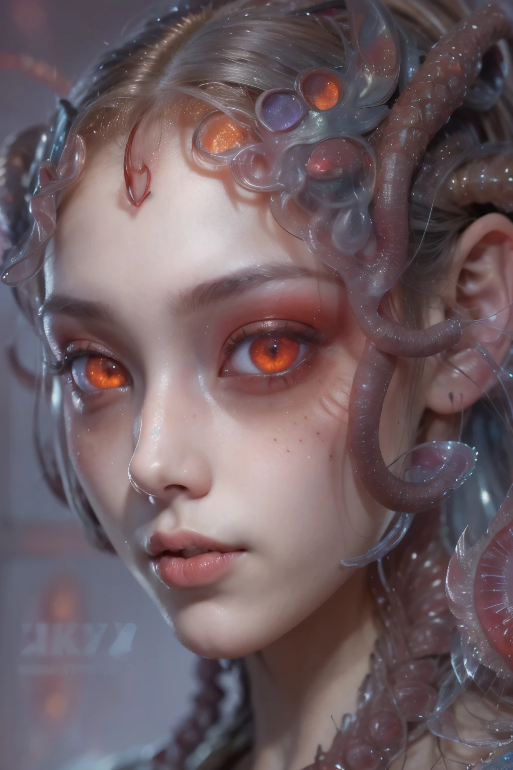 Portrait, (beautiful female alien:1.2),  (There is a female genital-like organ in the middle of the forehead:1.8), (The most beautiful face in the history of the universe:1.2), (scarlet eyes:1.6), (Translucent skin:1.8), an evil gaze that seduces , (red eyes:1.5), Full body like, (sexypose:1.5), alien, No humans, cells are fused, (Lots of translucent tentacles:1.1) (Translucent skin:1.3), extraterrestrial, cell, bio image, 魅惑的, Best Quality, 8K,4K_quality, high definition, Dramatic Lighting, masutepiece:1.5,cinematic quality, detail up, (Intricate details:1.2), high resolution, High Definition, drawing faithfully, (Thick eyebrows:1.2), Beautiful eyes with fine symmetry, (Ultra detailed eyes:1.2),(Highly detailed face and eyes:1.2), (High-resolution red-eye:1.4), Intimate face, (Super detailed skin quality feeling:1.4), Perfect Anatomy,  (Beautiful toned body:1.5),  (Moist skin:1.2), No makeup, (dark circles:1.1), long canines, cinematic drawing of characters, ultra high quality model, cinematic quality, detail up, (Intricate details:1.2), high resolution, High Definition, drawing faithfully, Official art, Unity 8K wall  , 8K Portrait, Best Quality, Very high resolution, ultra detailed artistic photography, midnight aura,  unreal engine 5, Ultra Sharp Focus, art by alberto seveso, ArtGerm, Roisch, intricate artwork, Medusa, best quality, masterpiece, ultra high resolution, (photos realistic：1.4), Ultra-realistic realism, dream-like,  nautilus, Creation of fantasy, Snail, Dream Snail,  biopunk nautilus, thrilling color schemes， Ultra-realistic realism， seductively smiling, blue tentacles