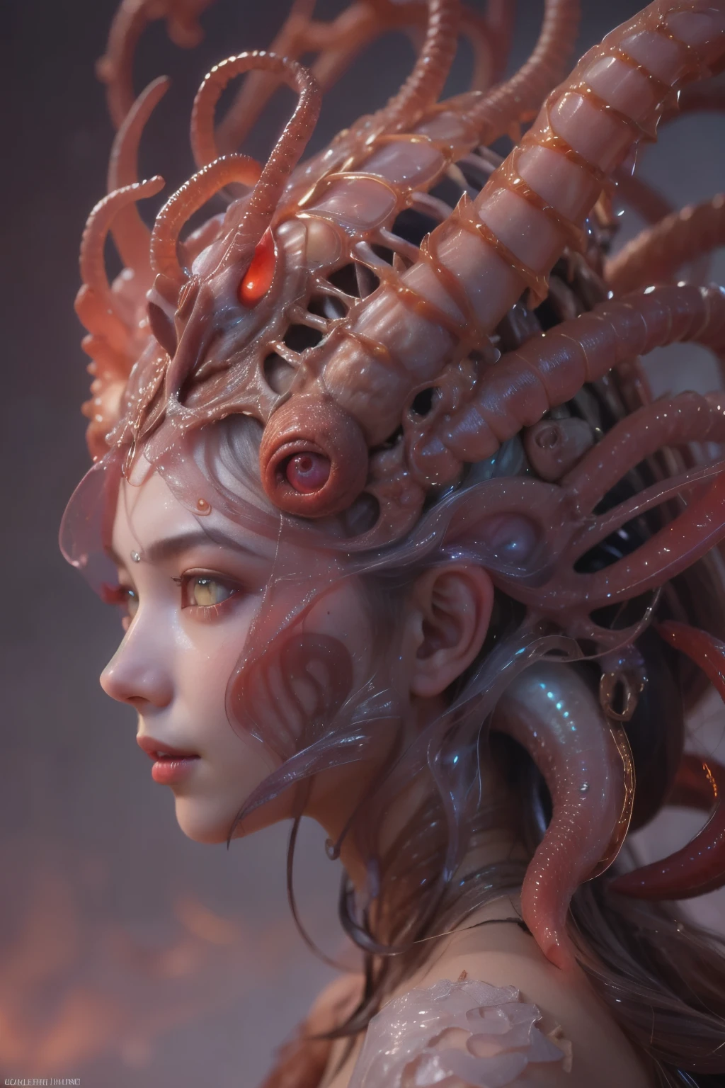 Portrait, (beautiful female alien:1.2),  (There is a female genital-like organ in the middle of the forehead:1.8), (The most beautiful face in the history of the universe:1.2), (scarlet eyes:1.6), (Translucent skin:1.8), an evil gaze that seduces , (red eyes:1.5), Full body like, (sexypose:1.5), alien, No humans, cells are fused, (Lots of translucent tentacles:1.1) (Translucent skin:1.3), extraterrestrial, cell, bio image, 魅惑的, Best Quality, 8K,4K_quality, high definition, Dramatic Lighting, masutepiece:1.5,cinematic quality, detail up, (Intricate details:1.2), high resolution, High Definition, drawing faithfully, (Thick eyebrows:1.2), Beautiful eyes with fine symmetry, (Ultra detailed eyes:1.2),(Highly detailed face and eyes:1.2), (High-resolution red-eye:1.4), Intimate face, (Super detailed skin quality feeling:1.4), Perfect Anatomy,  (Beautiful toned body:1.5),  (Moist skin:1.2), No makeup, (dark circles:1.1), long canines, cinematic drawing of characters, ultra high quality model, cinematic quality, detail up, (Intricate details:1.2), high resolution, High Definition, drawing faithfully, Official art, Unity 8K wall  , 8K Portrait, Best Quality, Very high resolution, ultra detailed artistic photography, midnight aura,  unreal engine 5, Ultra Sharp Focus, art by alberto seveso, ArtGerm, Roisch, intricate artwork, Medusa, best quality, masterpiece, ultra high resolution, (photos realistic：1.4), Ultra-realistic realism, dream-like,  nautilus, Creation of fantasy, Snail, Dream Snail,  biopunk nautilus, thrilling color schemes， Ultra-realistic realism， seductively smiling