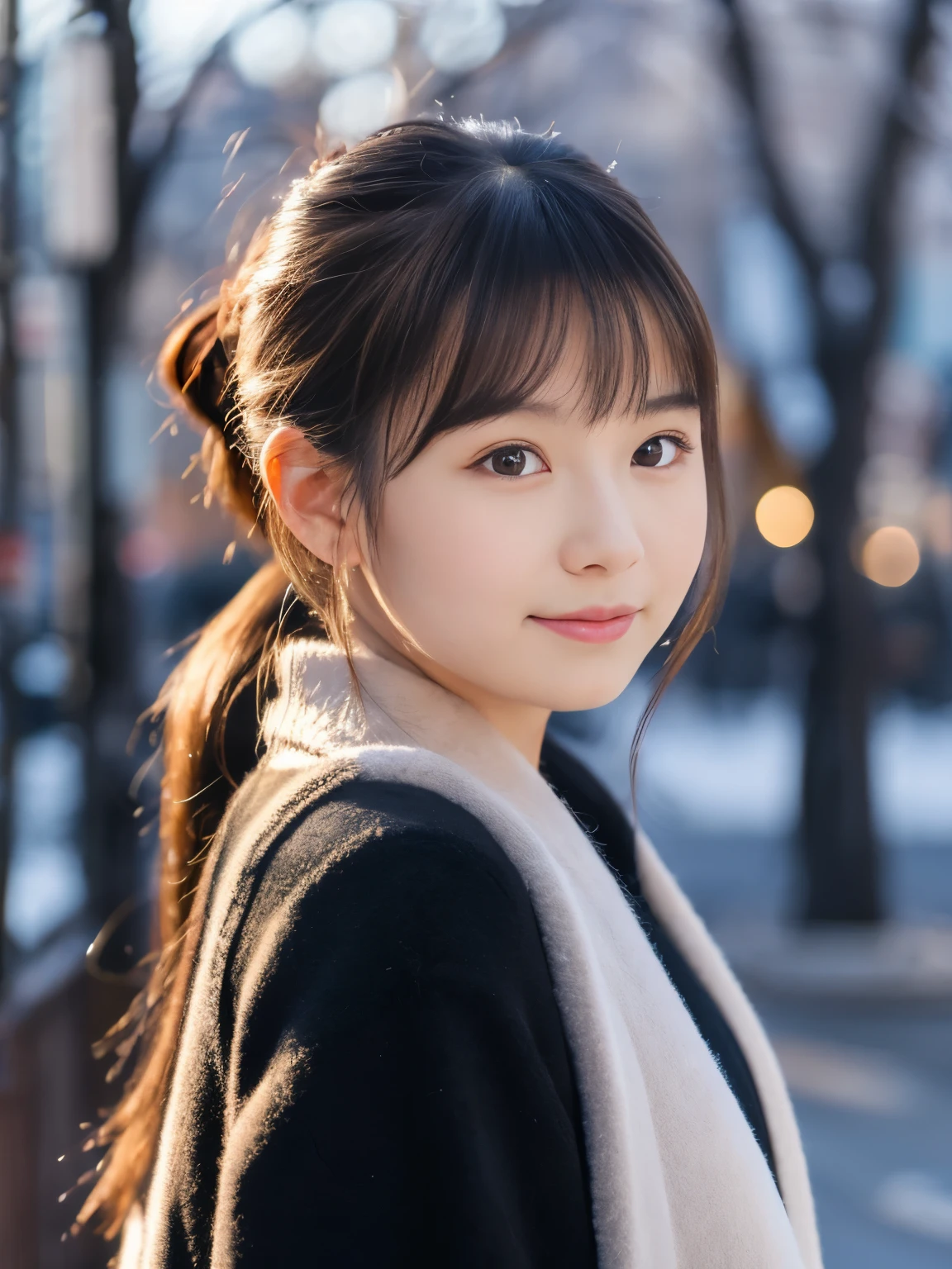 Photorealsitic, 8k full-length portraits, Beautuful Women, A charming expression, poneyTail, sixteen years old, TOKYOcty, Winters, Shibuya in the background