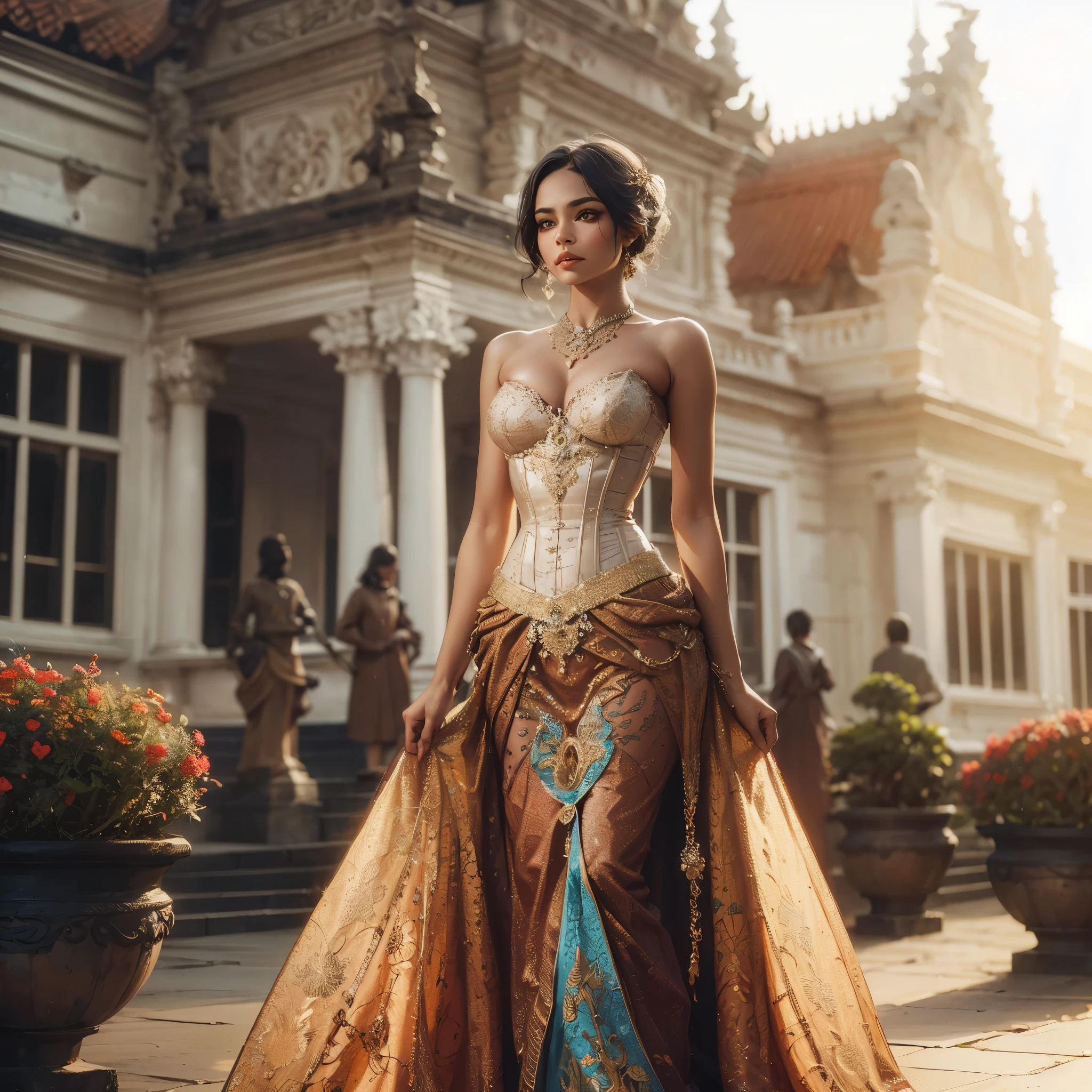 arafed woman with bustier gigantic breast in a corset and dress in front of a building, wearing an ornate outfit, ornate dress, intricate dress, elegant corset, ornate and elegant, extravagant dress, inspired by Hedi Xandt, ornate attire, intricate outfit, ornate royal gown, ornate clothing, ornate gown, intricate and elegant, intricate detailed dress, ornate , royal dress, masterpiece, best quality:1.2),,(8k,highres,RAW photo,realistic,photo-realistic:1.3),(detailed skin texture,detailed cloth texture,beautiful detailed face:1.25),professional lighting,photon mapping,beautiful soft light,radiosity,physically-based rendering,raytracing, model shoot style, model shoot style, (extremely detailed CG unity 8k wallpaper), full shot body photo of the most beautiful artwork in the world,