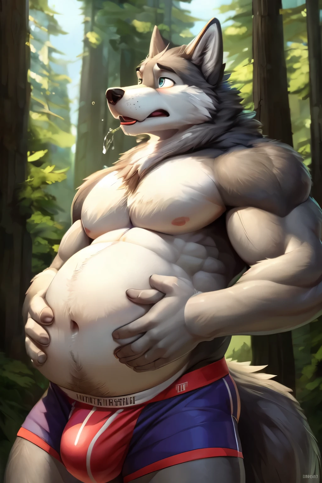 (by null-ghost, by borochi, by zyyphelze) detailed, detailed shadows, quality eyes, detailed eyes, best quality, ultra detailed, correct anatomy, hand on belly (((hand rubbing belly))), male, canine, (chugging beer), cartoon gray wolf (drinking beer), gray and white fur, athletic body, ((worried expression chugging beer)) detailed expression, panting, bloated, round muscle belly (abs on muscle belly), flushed, belly close up, chubby belly, bulge, boxer underwear, forest environment