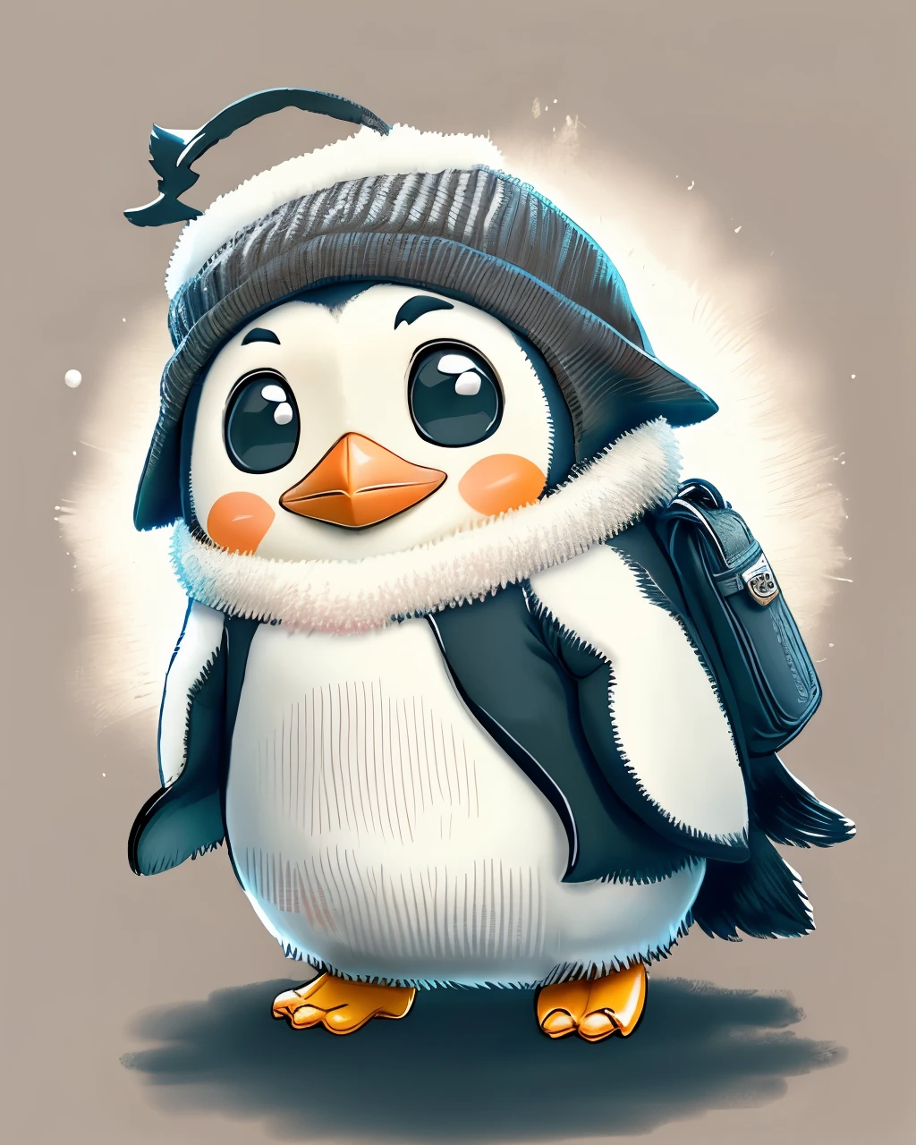 フォトリAル、How to draw a cute picture ((Chonkey Penguin 🐧)) Go on an adventure, Cute look, A ((Small Bag Pack)) Deep in the Penguins, hard disk ,Soft contrast, ((Fluffy Penguins 🐧)), Adorable,Background white