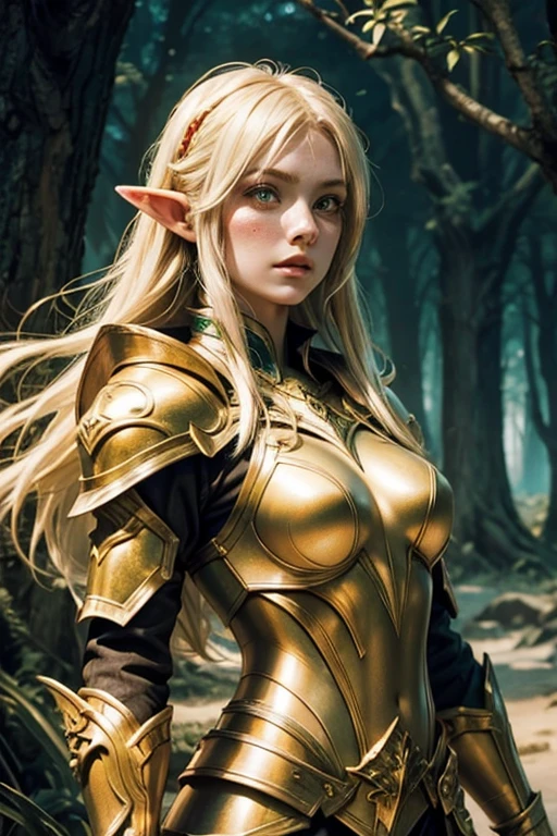 Blonde elven girl, delicate face, green eyes, red and yellow armor, freckles, sexy pose