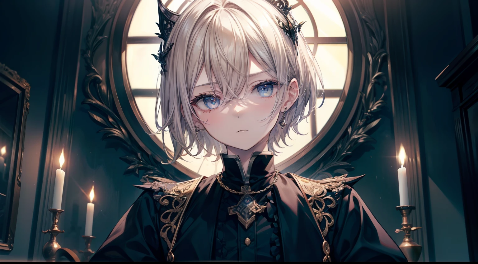 (masutepiece, Best Quality), Intricate details, 8K, Sharp focus quality) (Detailed skin:1.3) (Intricate details) (8K) (Detailed eyes) (Anime) Man's character, Soft hair, Short hair, light brown hair, Light blue eyes, Man's, Anime Man's, frontage, 素敵なMan's子, Perfect face, Detailed eyes, Bold background, Detailed accessories, Unique costumes, Sharp eyes, Man's, A young man, Idol, dark color, pale skin, Vampire, tusk, Defined features, Model, Gothic, Symbolism, Comfortable clothing, Dark room, Cluttered room, Indoors, Detailed background, Bold colors, bold outline, Sharp face, Nighttime, Night, Pose, Handsome, sleepy, Tired, drooing eyes
