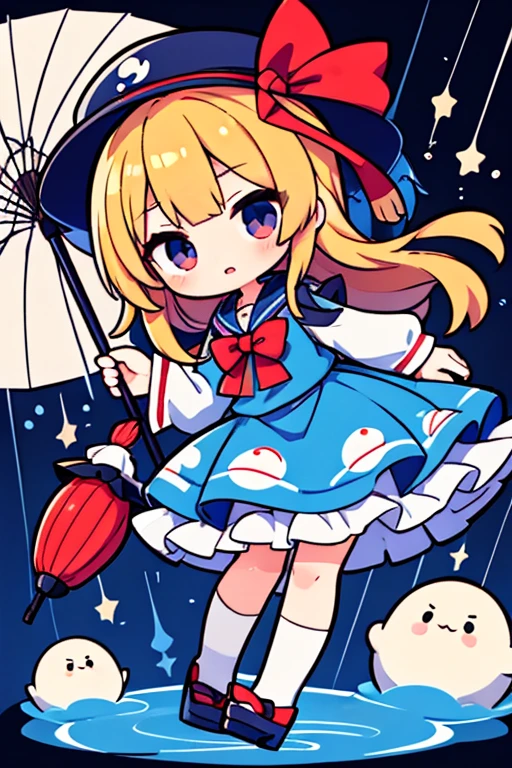 Anime character in a blue dress with a sailor hat and an umbrella, Chibi, touhou character, iwakura lain, kawaii rainy gloomy, Lori, mitsumayo, from touhou, safebooru anime image, In anime style, Kantai Collection Style, In an anime style, beatrice blue, anime Chibi, anime moe art style, 2 d anime style, eyes as round as eggs, Glowing black eyes