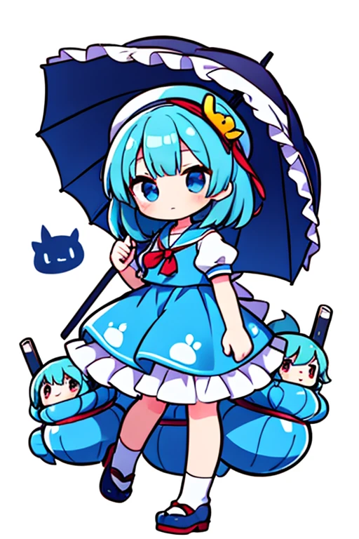 Anime character in a blue dress with a sailor hat and an umbrella, Chibi, touhou character, iwakura lain, kawaii rainy gloomy, Lori, mitsumayo, from touhou, safebooru anime image, In anime style, Kantai Collection Style, In an anime style, beatrice blue, anime Chibi, anime moe art style, 2 d anime style, eyes as round as eggs, Glowing black eyes