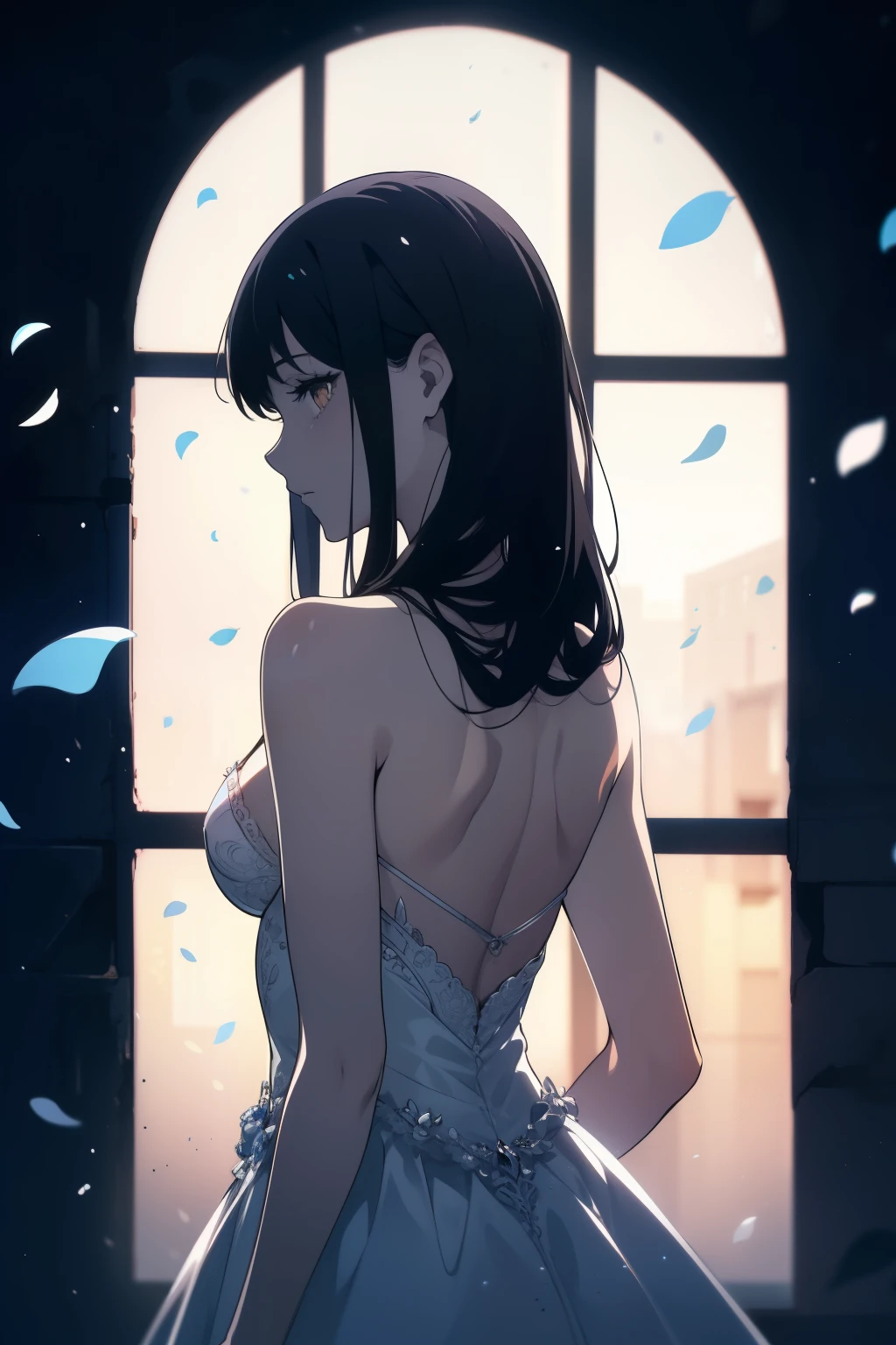 ((((masterpiece, best quality, ultra high resolution)))), 1 girl, permanent, ((Wearing a white elegant wedding dress)), (long black hair in sight, long hair:0.9, frame), pale skin, ((brown Eye)), (luminescent_Eye, luminescent Eye), (ultra detailed Eye:0.7, Beautiful and detailed face, detailed Eye:0.9), ((center)), ((廣角鏡head)), (((surrounded by darkness, psychedelic flower:1, morning glory, beautiful lights))), flat chest, looking at the audience, Facing the audience, ((perfect hands)), ((head:1, buttocks, Elbow, arms, in sight)), ((Put your hands behind your back)), clear topic, (18 years old), ((looks cool))
