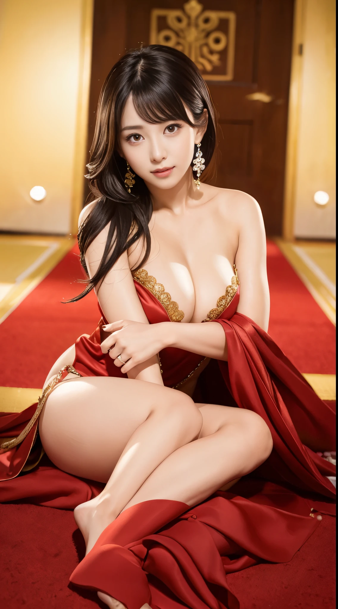 (Best Quality, masutepiece, photographrealistic, ultra-detailliert, 超A high resolution, raw:1.3), (1 woman, Beautiful Japan actress, 25 years old), double iris), (Smile), Detailed face, She has big ring earrings and red eyeshadow makeup.。,light brown delicate middle cut hair,The ends of the hair are wavy,Classy hairstyle,Detailed eyes, (Actress with slender figure,small tits, Smaller hips, sideboob barbosa), (Butt crack, naked waist, Bare back:1.3), (sexy silk embroidered mermaid dress:1.2),up looking_で_viewer, BREAK black long hair, BREAK (Ceremony, Red carpet, Large crowds:1.5),