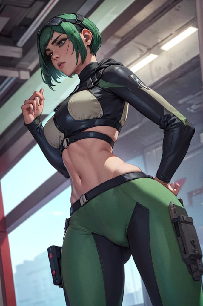 "Metal gear V " ELA Aparece linda ,rosto relismo Corpo alto 1,80 metro ,  corpo magro , no long pants ,cabelos realista , amarrados com mecha , lado esquerdo do rosto ,His name is quiet, Top seios . bele suada com brilho ,,,1 lente inflavermelho no olho esquerdoArmas pesadas de combate , It seems to be a reference to the film "", onde o protagonista SNACKS ,,,still doesn't wear pants due to the virus ,ela tem um tapa sexo ,preto com detalhes verde acima da cintura ..coturno preto ..., butt to camera