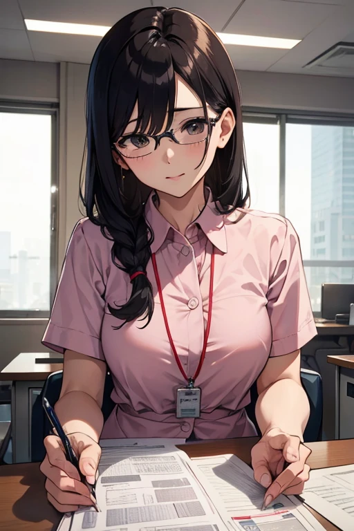 ((masterpiece)),((Highest quality)),((Ultra-high resolution)),((Highest Resolution)),((Highly detailed build)),((Anatomically correct)),((Professional Lighting)),At the office,((Composition seen from the front)),((Laboratory instrument)),((Observation equipment)),Shino amagi OL,breast enhancement, Focus,Multiple Monitors:1.5,Monitor showing numerical data,22 year old female secretary,pretty girl,Glasses,Sit on a chair,Pink blouse,Black pencil skirt with slit,Seductive thighs,With a fountain pen,smile,Looking at the camera,