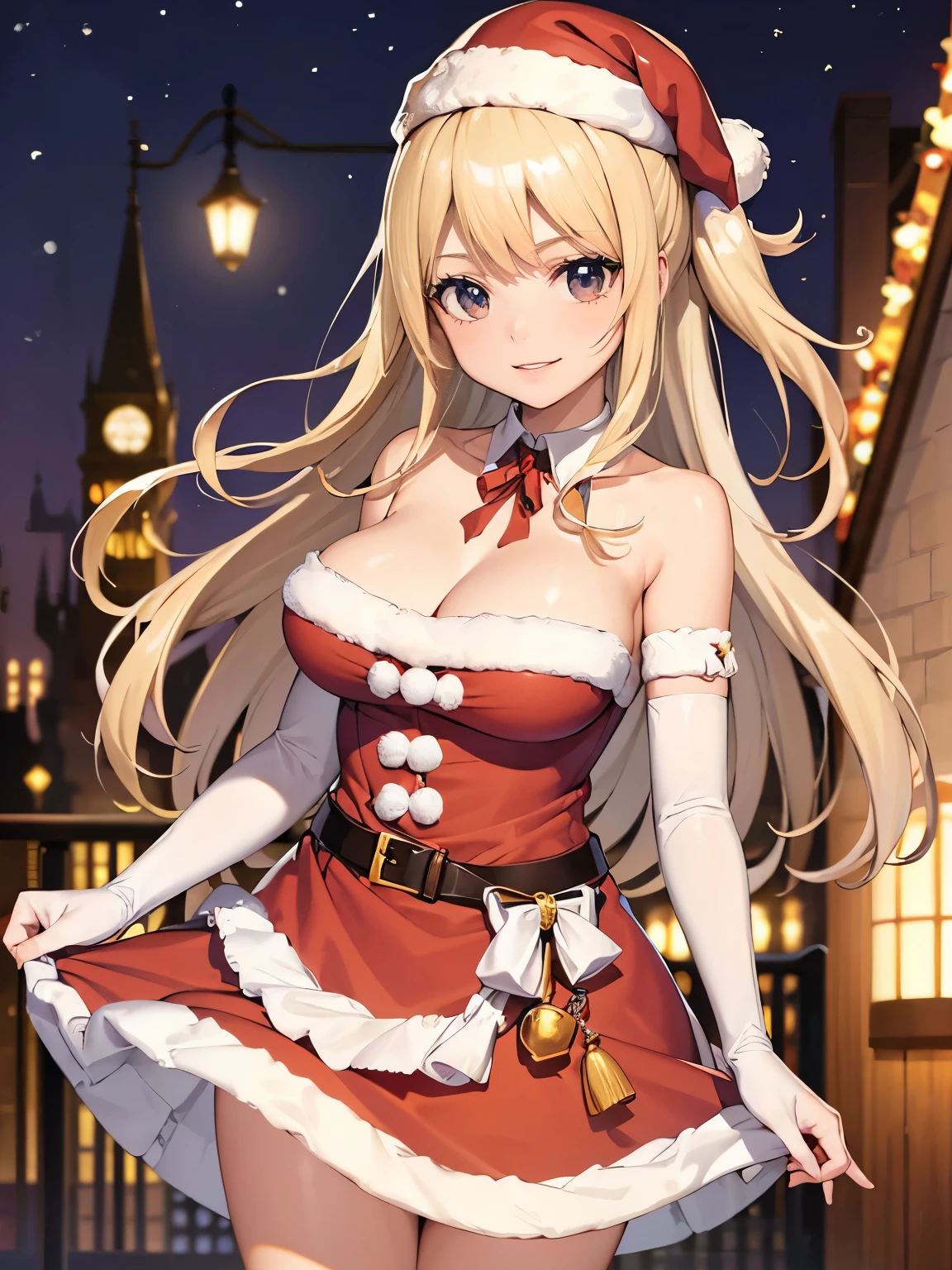 1girl, solo, masterpiece, best quality, high res, highly detailed, (illustration), beautiful detailed eyes, Lucy_Heartfilia, blonde hair, long hair ,glossy lips, makeup, smile, long white satin elbow gloves, cowboy shot, (santa), red santa dress, santa hat, strapless dress