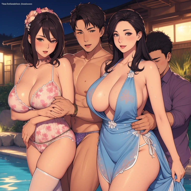 average body male wearing swimming trunks surprise hugs from behind thick body large breast female, female wearing extremely transparent long floral dress in onsen brightly lit, female surprised by the hug and laughing, male hold female's hips close to male's hip, sunset, (show bare breast and nipples peeking out of dress), male and female sweating from heat, nsfw, (erotic pose)(spread her legs show panties)