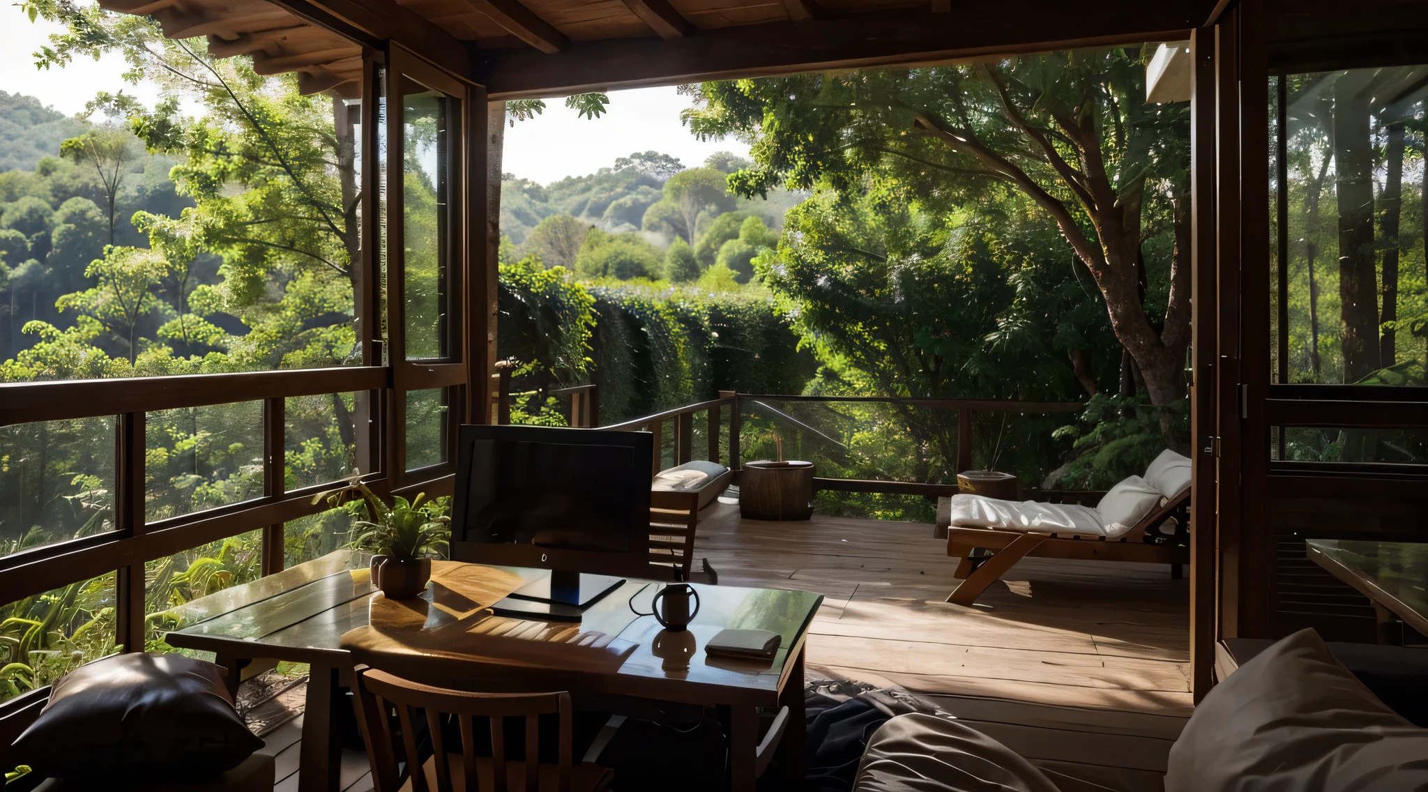 A computer, fitted with a sleek black casing, hums softly on a sturdy wooden table, amidst the serenity of a verdant morning forest. Its screen displays a crisp, vibrant desktop interface of Linux, seamlessly integrated with the natural surroundings. The image, perhaps a digital artwork, captures the harmonious coexistence of technology and nature, radiating an aura of tranquility and sophistication. Impeccable details and meticulous attention to color and texture make this image a visual marvel, evoking a sense of awe and elegance in its viewers.