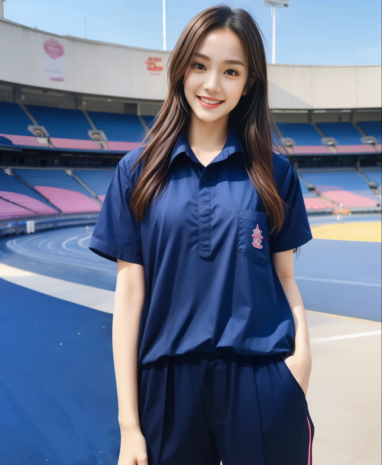 (bestquality,10,10,highres,masterpiece:1.2),ultra-detail,(Realistic,ภาพRealistic,photo-realistic:1.37),1 Cute girl in the football field,oily shiny skin,bara,light smile,BDclothelue shirt:1.3)),short sleeves,shirt, trousers.,(navy_long_ติดตามtrousers:1.1), ((Stadium Background:1.3)),dynamic angle,excited,face focus,Dynamic Poses,from behide,Ass Focus,masterpiece, bestquality, ultra realistic, hyper-detail, 8k resolution, RAW photo, crisp focus, ((Navy blue shirt:1.1)), short sleeves, เส้นทางlong, Complete bodyแบบ, 2 mature women, 18yo, cinematic light,trousersวอร์มสีน้ําเงิน,Gymware,Correct anatomy,Complete body, Correct body, sharp face, Correct bodyทางกายวิภาค, full entire body, Realistic gestures, long-haired, Realistic poses,Wear long shorts............................................,ช่วงขาlong,Shapely,Sculpting Girl, Slender Figure, mannequin mannequins, Shapely, Beautiful body,trousersวอร์มสีน้ําเงิน, Two girls kissing