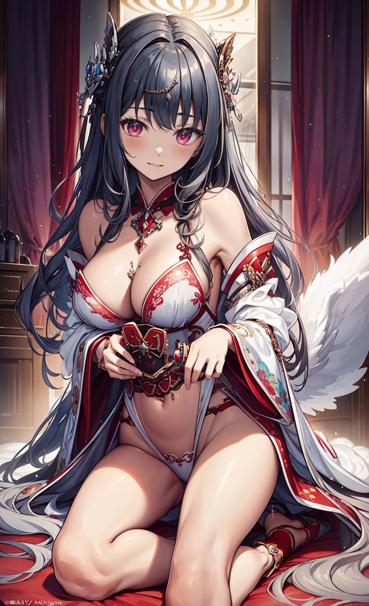 quality、image quality、tmasterpiece、girl ((Sixteen years old、best bust、medium chest circumference、obsessed、Sexual suggestiveness、sexual teasing、lacivious pose、Lie flat,silver slightly curly hair、slenderness、Grand canyon、Silver blended transparent Hanfu matching))、high qulity、beautiful art、Background with((luxury hotel、Night view windows)))On a table、visual art、depth of fields、Diamonds adorn clothes,Sparkling,Full body lesbian,Pale red eyes