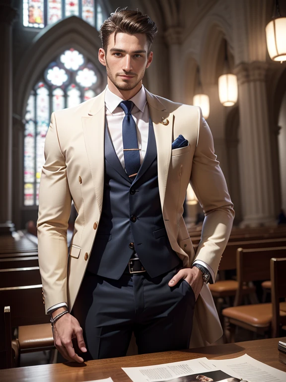 k hd,8K分辨率,professional photoshooting,profesional lighting,two very attractive men,30 age old,tall and fit,cool guy,elegant suit,majestic appearance,In a luxurious and modern cathedral,this is a happy, Perfect and highlight moments of their lives.,H super cannon,The details are exquisite and perfect