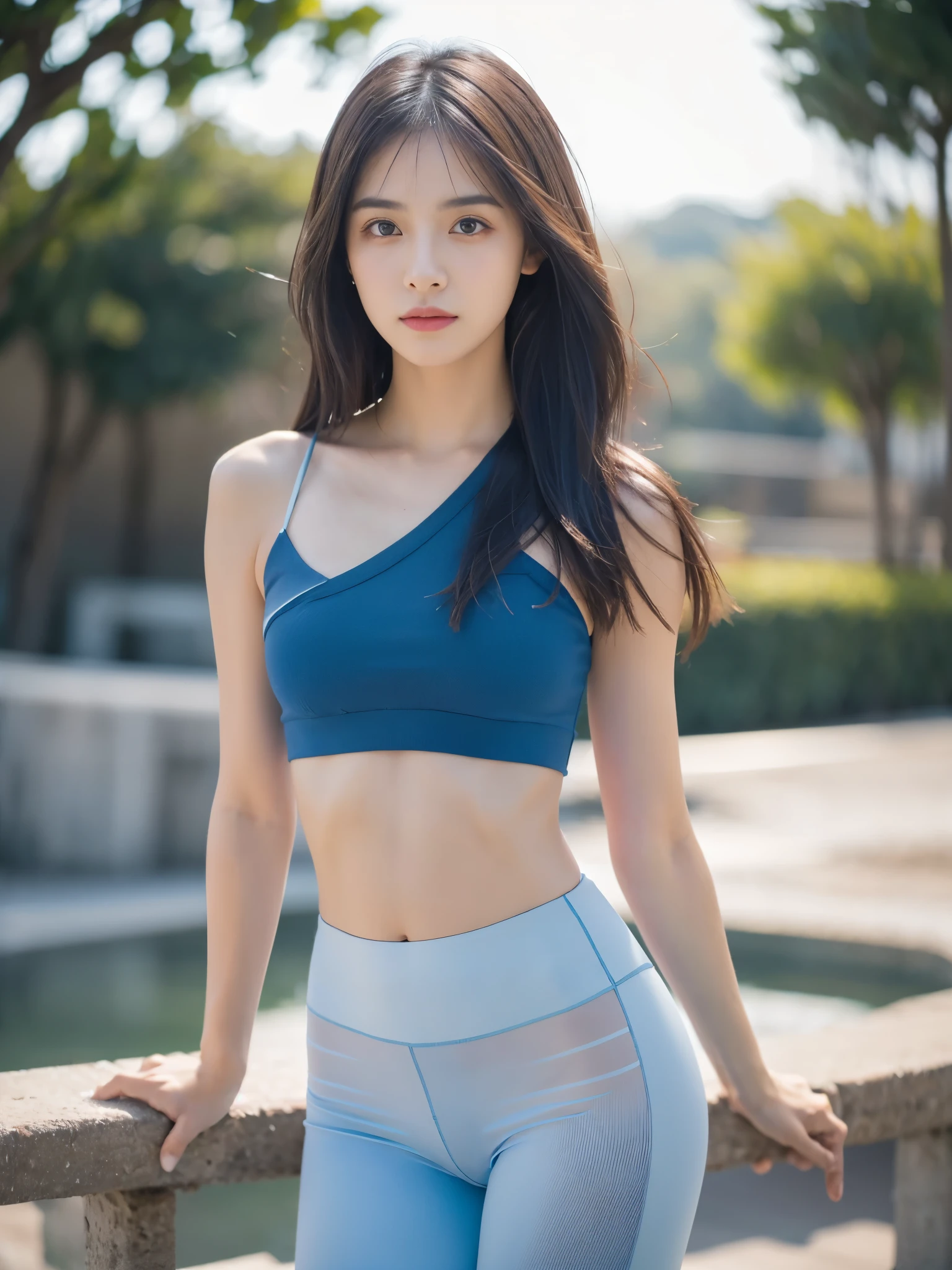 Obra maestra, La mejor calidad, ultrahigh resolution, Foto de alto detalle, Unidad 8K Fondo de pantalla, CG extremadamente detallado:1.2),(Foto RAW,:1.realistic photography:1.4), 1girll , joven, physically based representation, Lindo, (Cara finamente detallada:1.4, Ropa detallada), (Detallado:1.4) Cara hermosa, Profundidad de campo, Agregar capa, hiperrealista, 27 years old, Modelo de cuerpo perfecto, senos perfectos, 175cm de altura, pose sexy, cuerpo completo, Tipo de cuerpo del modelo, blue crop top, blue legging, Cabello largo, Eimi Fukada, doble parpado, depth of field, cinematic lighting, blurry, glowing light, bokeh
