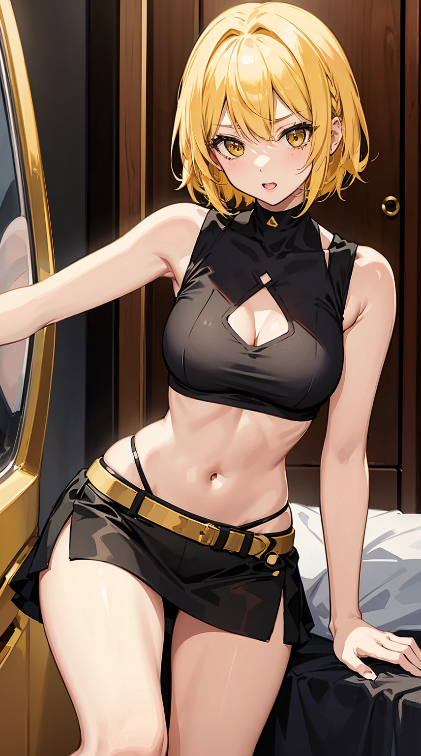 1 anime girl, yellow gold hair, wearing sleeveless shirt, navel exposed, sexy pose, lipstick, short skirts