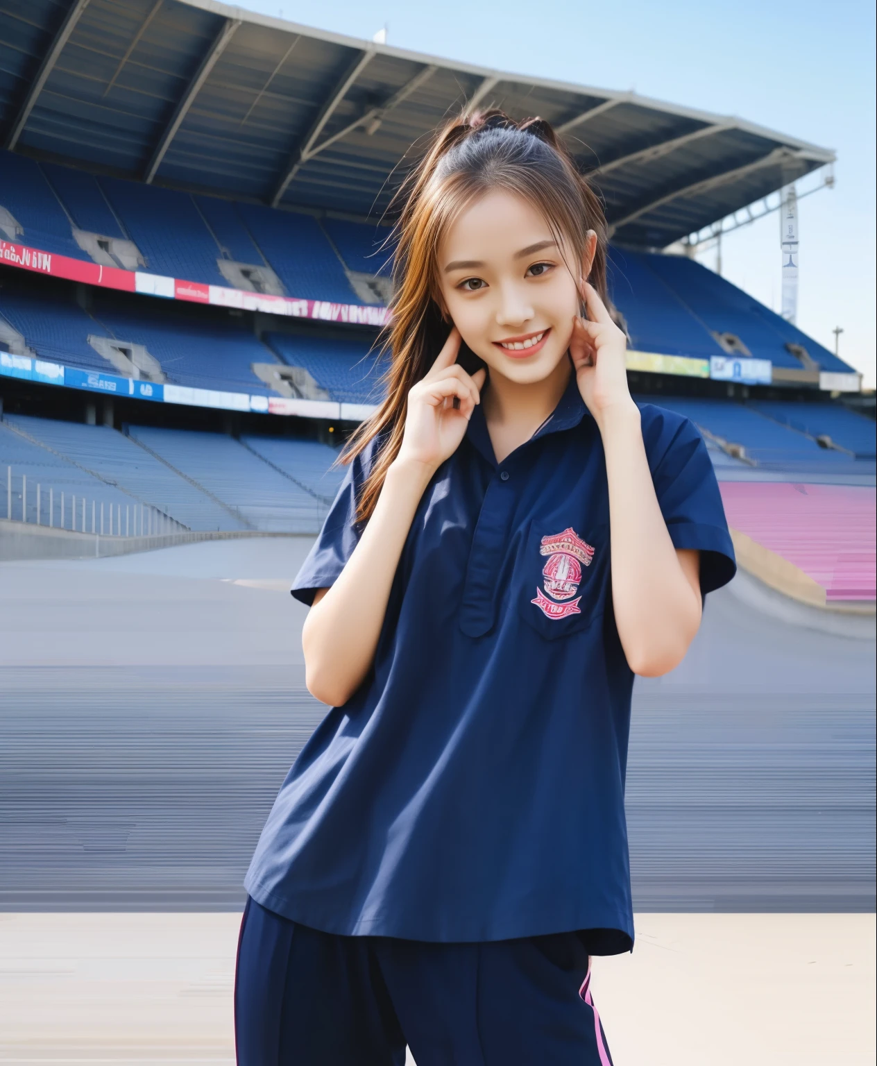 (bestquality,10,10,highres,masterpiece:1.2),ultra-detail,(Realistic,ภาพRealistic,photo-realistic:1.37),1 Cute girl in the football field,oily shiny skin,bara,light smile,BDclothelue shirt:1.3)),short sleeves,shirt, trousers.,(navy_long_ติดตามtrousers:1.1), ((Stadium Background:1.3)),dynamic angle,excited,face focus,Dynamic Poses,from behide,Ass Focus,masterpiece, bestquality, ultra realistic, hyper-detail, 8k resolution, RAW photo, crisp focus, ((Navy blue shirt:1.1)), short sleeves, เส้นทางlong, Complete bodyแบบ, 2 mature women, 18yo, cinematic light,trousersวอร์มสีน้ําเงิน,Gymware,Correct anatomy,Complete body, Correct body, sharp face, Correct bodyทางกายวิภาค, full entire body, Realistic gestures, long-haired, Realistic poses,Wear long shorts................................,ช่วงขาlong,Shapely,Sculpting Girl, Slender Figure, mannequin mannequins, Shapely, Beautiful body,trousersวอร์มสีน้ําเงิน, Two girls kissing