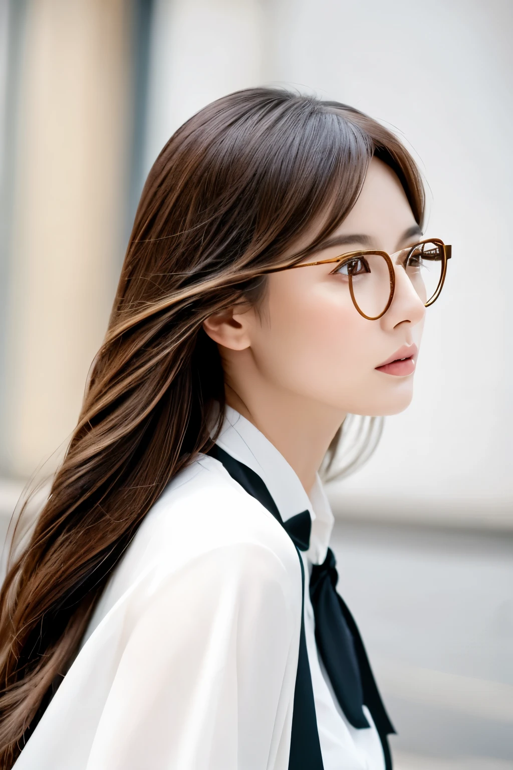 Generate a line art logo of a woman wearing glasses, exuding elegance and sophistication. The lines should be delicate, capturing a refined impression in the woman's hairstyle and facial expression. Ideally, the logo should be in a square shape, contained within a tight frame anime logo