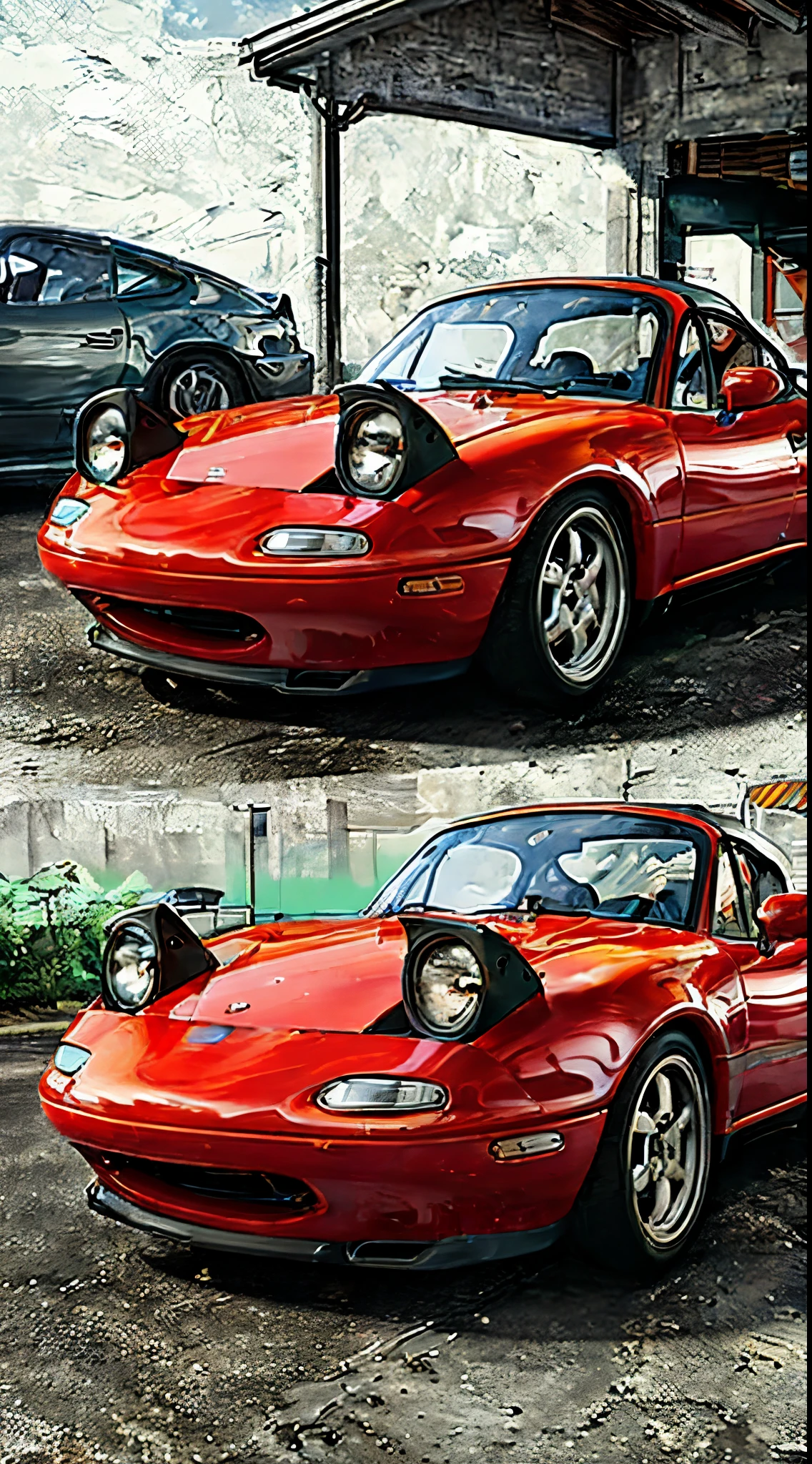 The Allafard RED Porsche 964 is parked in front of the garage, Highly detailed hyperreal retro, Porsche 964, Porsche 964,, Ultra-detailed 3D rendering, Ultra-detailed 3D rendering, Porsche 964, 3D Ultra-Realistic Rendering, veranda, hyper realistic rendering, hyper realistic 3 d render, hyper real render,Mender,tailed,Porsche 964,