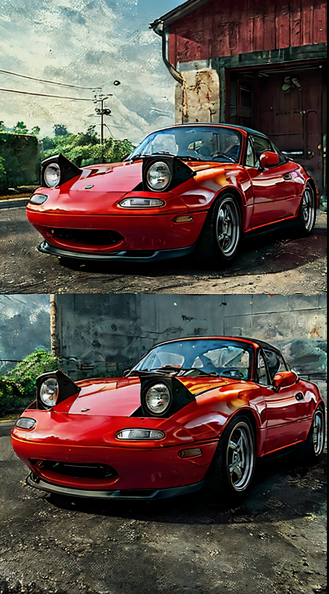 The Allafard RED Porsche 964 is parked in front of the garage, Highly detailed hyperreal retro, Porsche 964, Porsche 964,, Ultra-detailed 3D rendering, Ultra-detailed 3D rendering, Porsche 964, 3D Ultra-Realistic Rendering, veranda, hyper realistic rendering, hyper realistic 3 d render, hyper real render，Mender，tailed，Porsche 964，