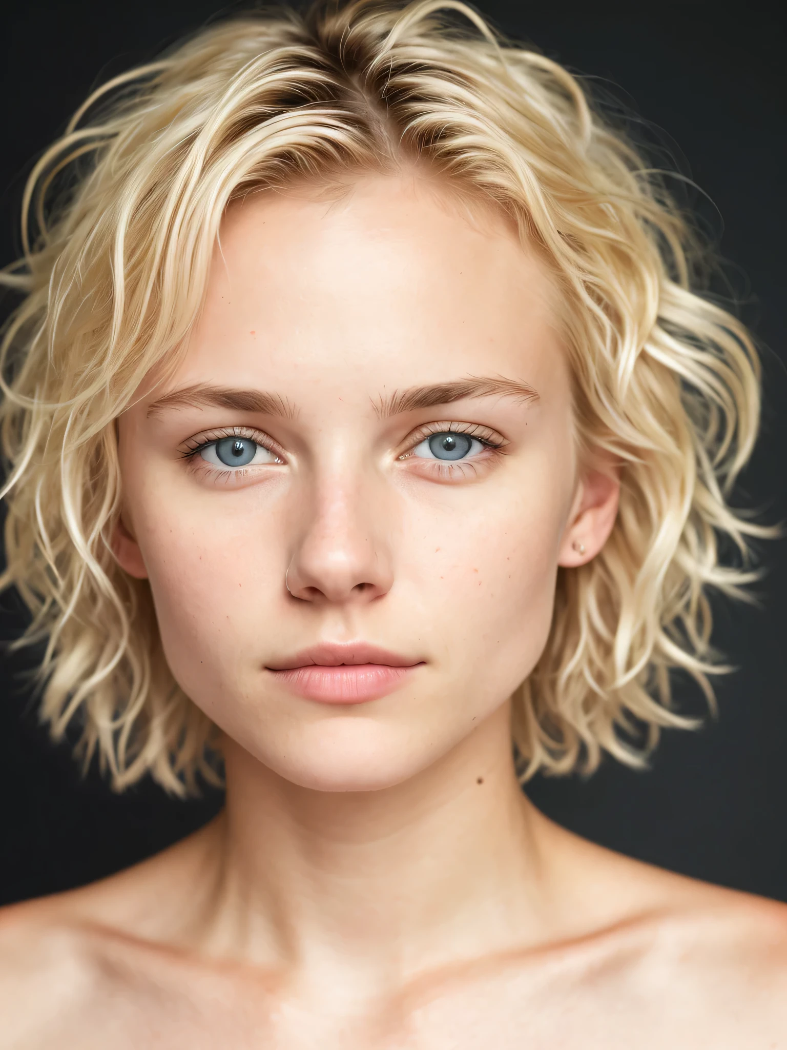 medium close-up photo, attractive and stunning blonde girl(short and messy hair) Nordic 18 years old, detailed (detailed bright eyes, thin nose, (looking at camera), specular lighting, dslr, ultra quality, sharp focus, sharp, dof, film grain, centered, Fujifilm XT3, crystalline