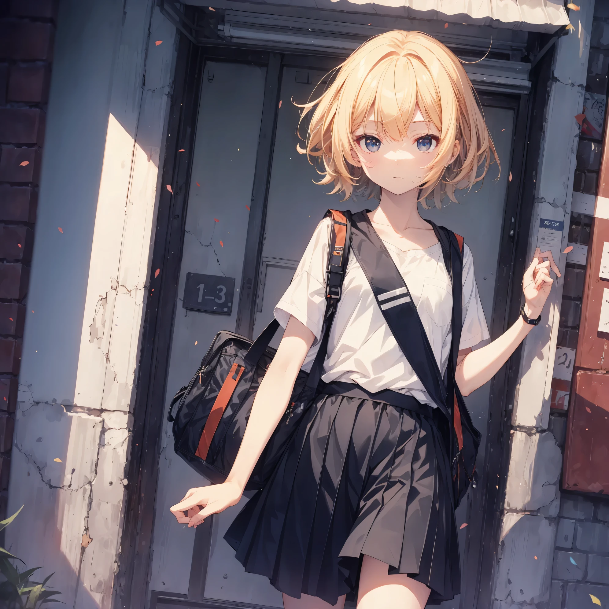 Super high quality by the art god, Ultra-detailed, High resolution, Gwise Style, anime moe art style, best anime 8K konachan wallpaper, Pixiv Contest Winner, Perfect Anatomy, BREAK,(Please draw a sleepy girl going to school alone.. ),BREAK, a hyperrealistic schoolgirl, (Solo,Lori,child,13years:1.3),Full limbs, complete fingers,a junior high school student, Androgynous attraction, (Very short hair), hair messy, flat chest, Small butt, groin, Small eyes,Beautiful detailed black eyes, Well-proportioned iris and pupils, disgusted eye, High resolution detailed hair, School uniform, Skirt, On the way to school. BREAK,Ultra-detailed細なスキン, Best lighting by famous artists, 8K,Cute illustration,