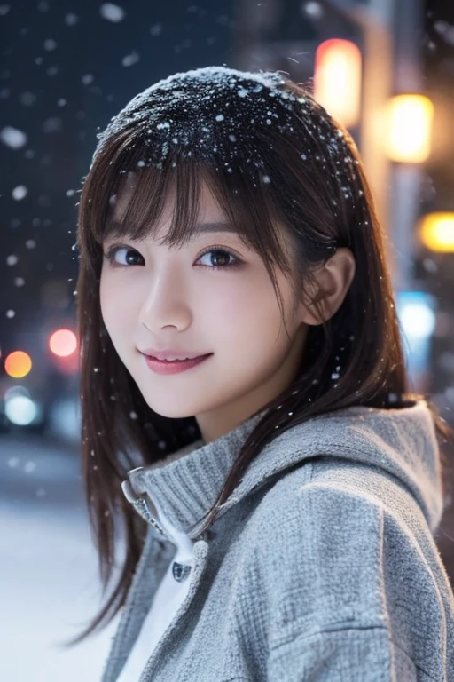 2 girl in, (wear a knit jacket :1.2), (Raw photo, Best Quality), (Realistic, Photorealsitic:1.4), masterpiece, Extremely delicate and beautiful, Extremely detailed, 2k wallpaper, amazing, finely detail, the Extremely Detailed CG Unity 8K Wallpapers, Ultra-detailed, hight resolution, Soft light, Beautiful detailed girl, extremely detailed eye and face, beautiful detailed nose, Beautiful detailed eyes, Cinematic lighting, Illuminations coloring the city on a snowy night, Snowy landscape, It's snowing, Snow in the hair, Perfect Anatomy, Slender body, Taut, 
Straight semi-long hair, Bangs, Looking at Viewer, A slight smile