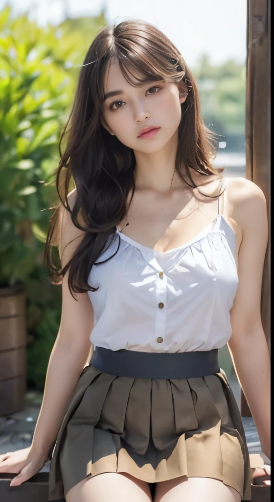 1 woman, On the face, Colossal tits,Light brown hair, bluntbangs, Hair behind the ears, Hair over the shoulder, long whitr hair, Slender body type, Ultra-fine face, rosto magro, Delicate, pretty eyes, thin blush, The eyes are light brown, perfect glowing skin, Flawless skin, glistening sweat,View here, ultra thin, Ultra-thin fingers:Realistic:1.3), Broadleaf forest, A person's point of view, film, 8K, On the table, north african free trade area, ((super ultra detail:1.3)), high qulity, Best quality at best, (A high resolution:1.3), ((Detailed pubic hair, high high quality、Realistic finger reproduction:1.3))、(the golden hour:1.3),(Beautiful light:1.3),((Beautiful three-dimensional effect:1.3)), (((Girl student uniform)))、(((White short-sleeved low-cut button-front sheer shirt、Dark blue ribbon at neckline:1.2)))、((Super micro mini dark blue transparent pleated skirt:1.3)),((Colossal tits)) (((the positive image:1.3))),((Very thin shirt:1.2)),((The bra is white,With spaghetti straps ULL BODYSHOT:1.3)) (Sleeveless:1.3),((Navel ejection:1.4),(super low waist skirt:1.4),(kawaii:1.3),(Beautiful feces:1.3), (((only)))